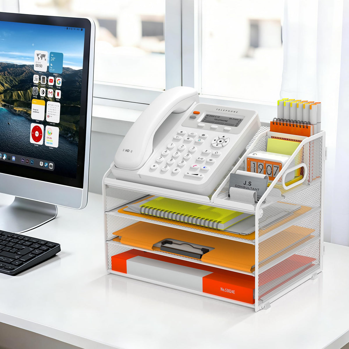 DocNest 4 Tier Metal Mesh Desk File Organizer with Phone Shelf, White