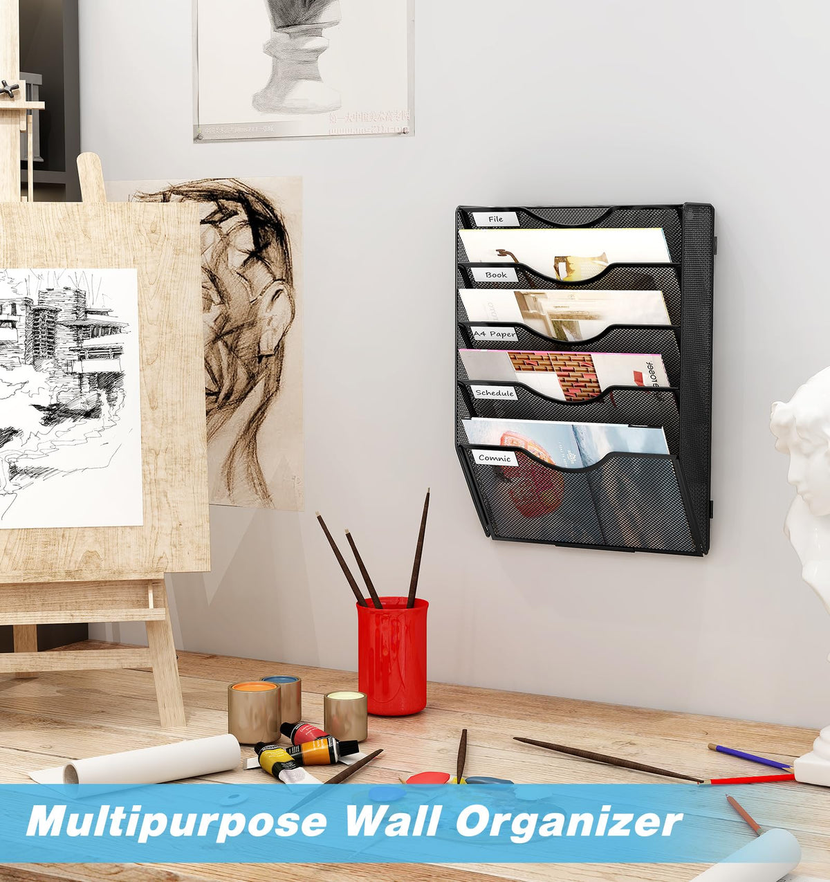 Solinxe Wall Hanging File Holder 5 Pocket Wall Mounted Paper Organizer Magazine File Holder Storage