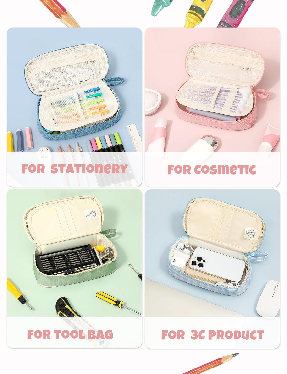 SUNEE Cute Pencil Case, Large Pencil Pouch, Aesthetic Big Pencil Bag with Zipper, Kawaii Stationery