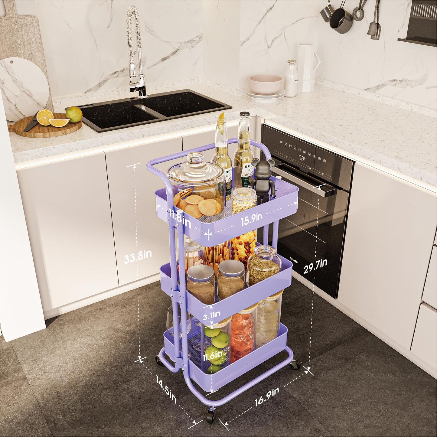 Mzzelry Metal Rolling Storage Cart, 3-Tier Utility Cart with Wheels, Multifunctional Organizer