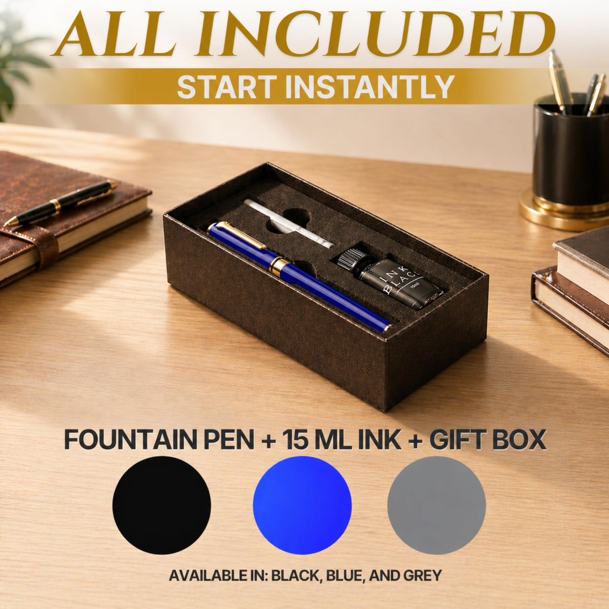 Château Avant Fountain Pen Set | Refillable Blue Fountain Pen with Black Ink Bottle, Fine Nib, and