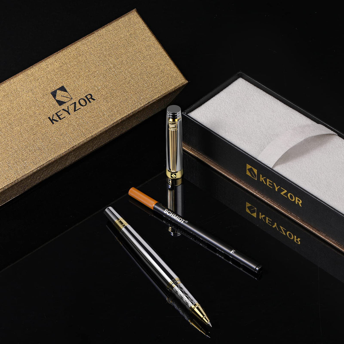 KEYZOR Luxury Writing Rollerball Pen With Schmidt Refill,Metal Pen Of 24k Gold Trim,Fancy Pen Gift