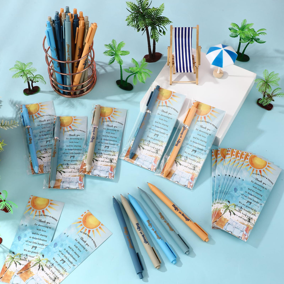 Engrowtic 50 Set Baby on Board Baby Shower Gifts Pens for Guests Funny Summer Beach Surfboard Party