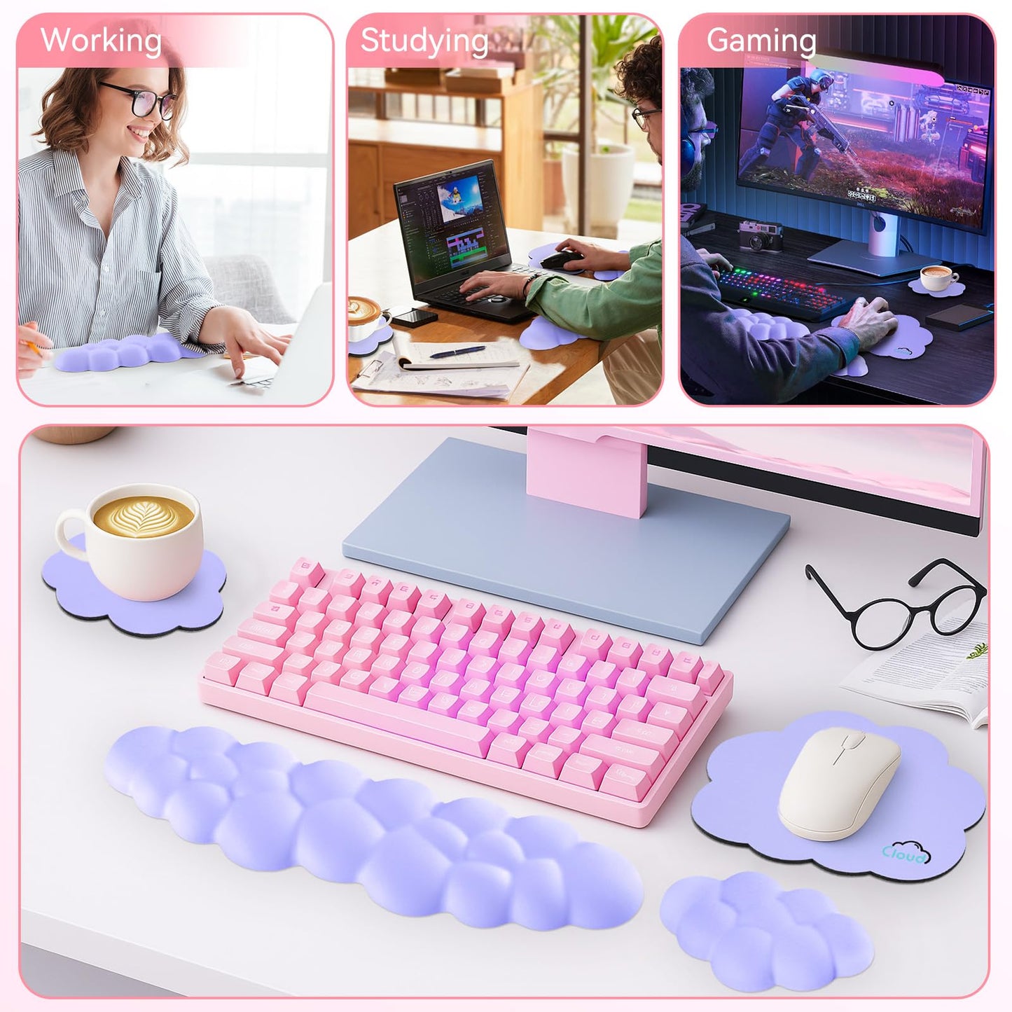 Sushret Cloud Wrist Rest for Computer Keyboard and Mouse Pad Set, Purple