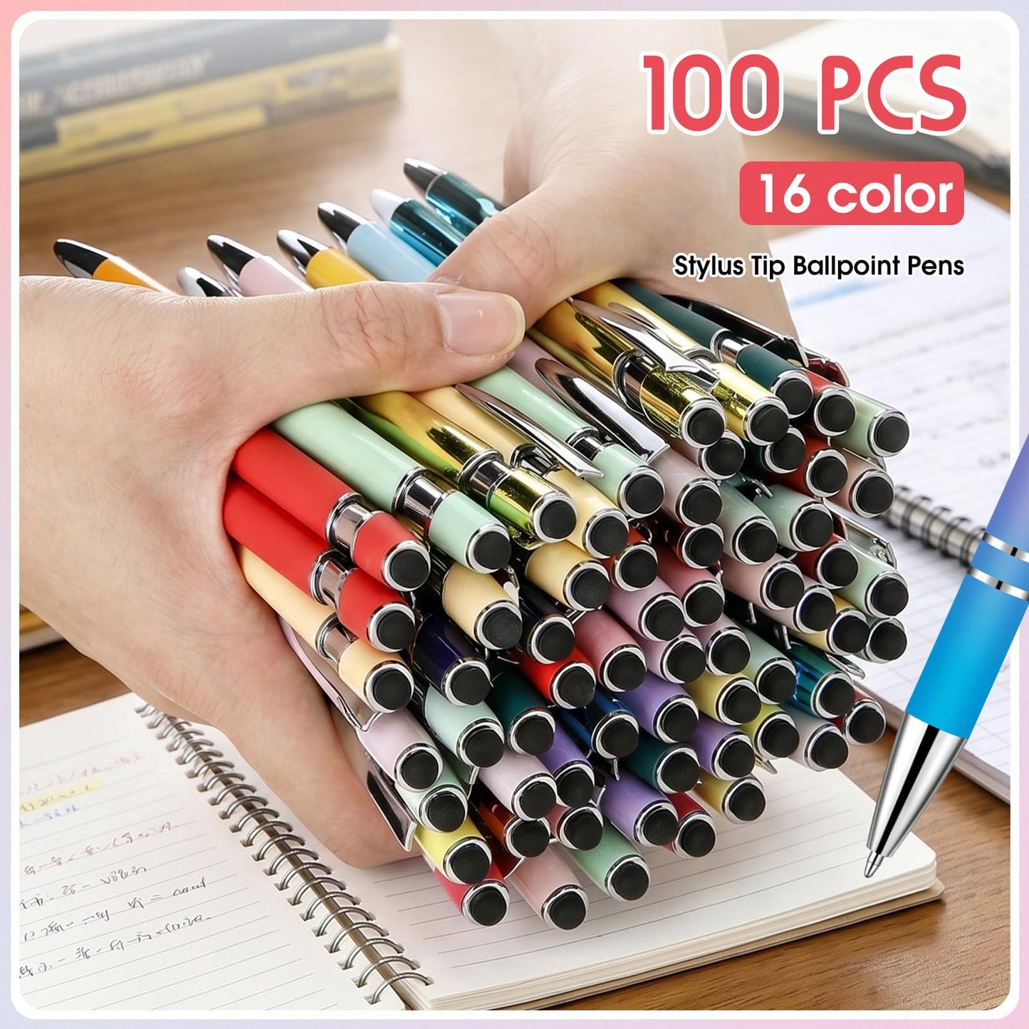 Yeaqee 100 Pieces Ballpoint Pen Bulk with Stylus Tip Click, Gradient Colors