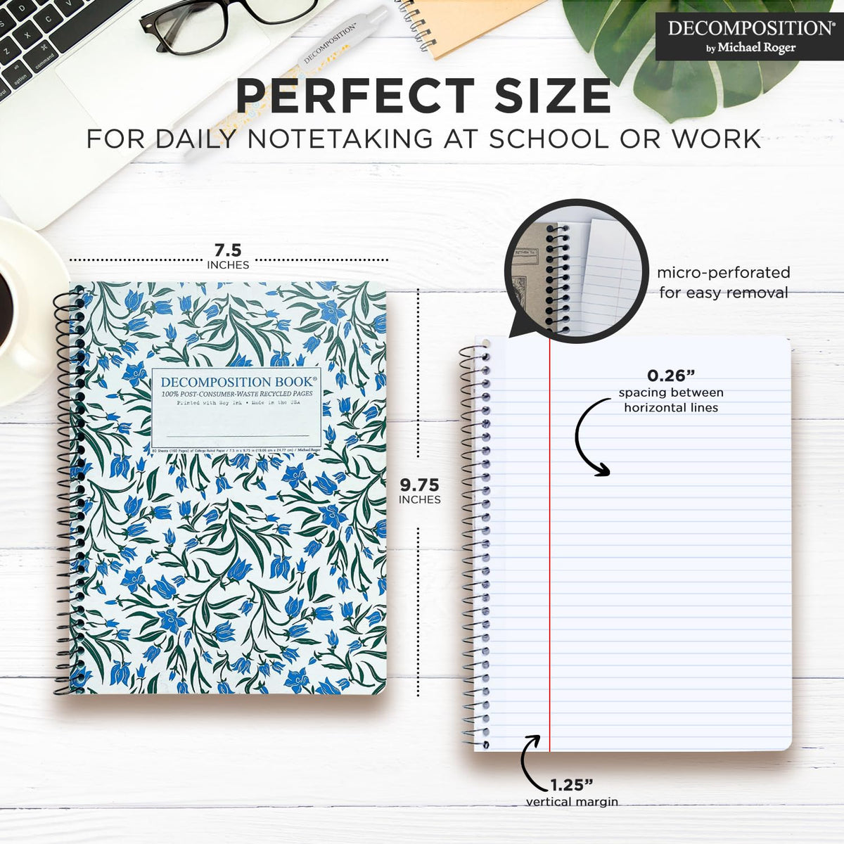 Decomposition Bluebells College Ruled Spiral Notebooks – 9.75 x 7.5 Journal with 160 Lined Pages
