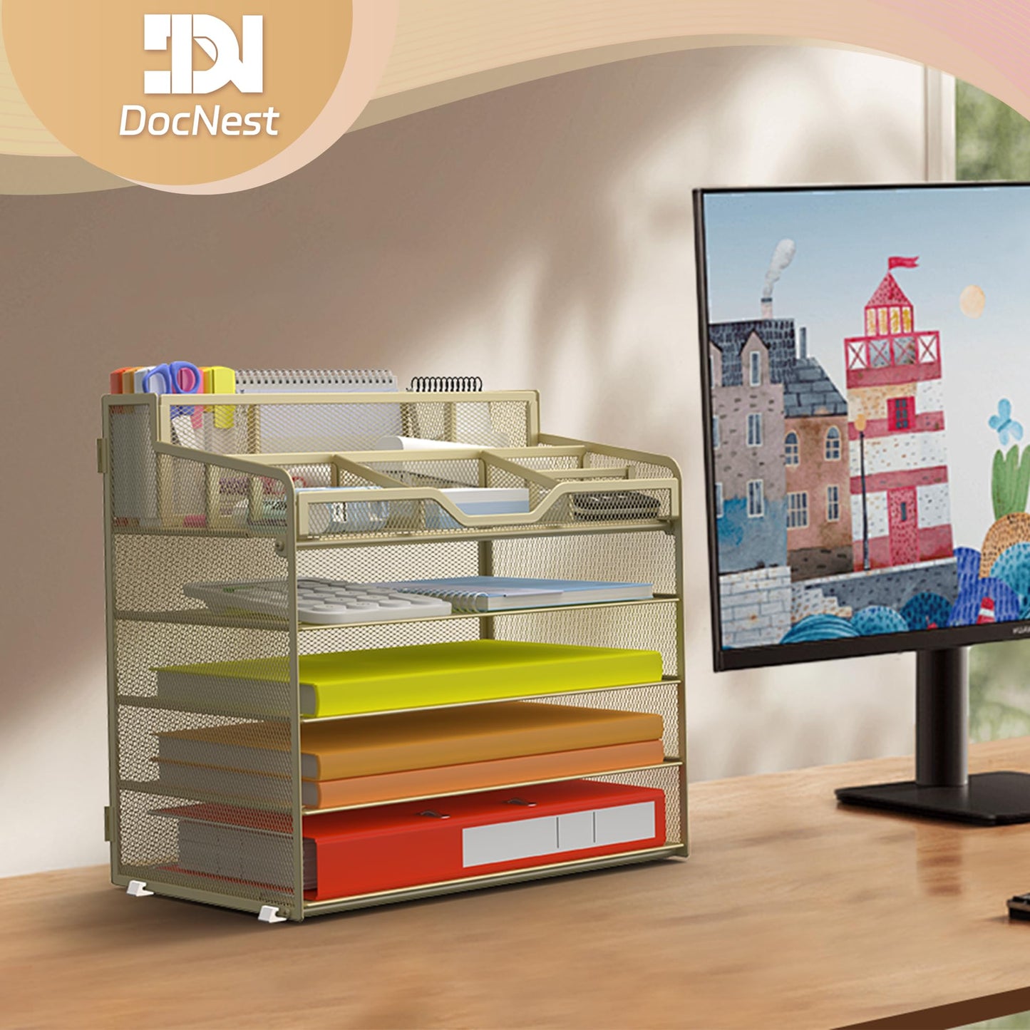 Docnest 5 Tier Mesh Desk Organizer with Letter Tray & Paper Sorter, Gold