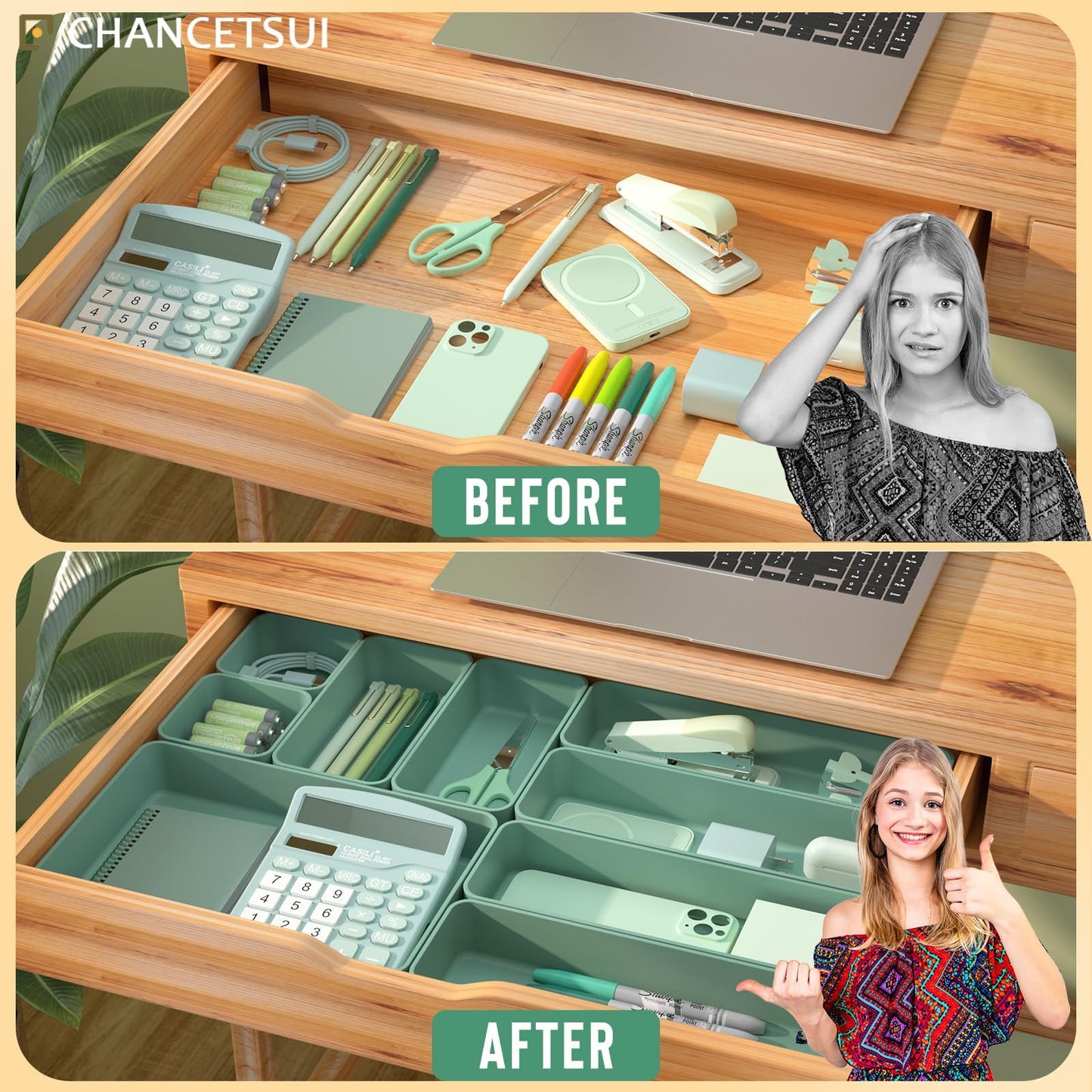 CHANCETSUI 9 Pcs Stackable Drawer Organizer Trays Set, Green, Multifunctional Storage for Vanity