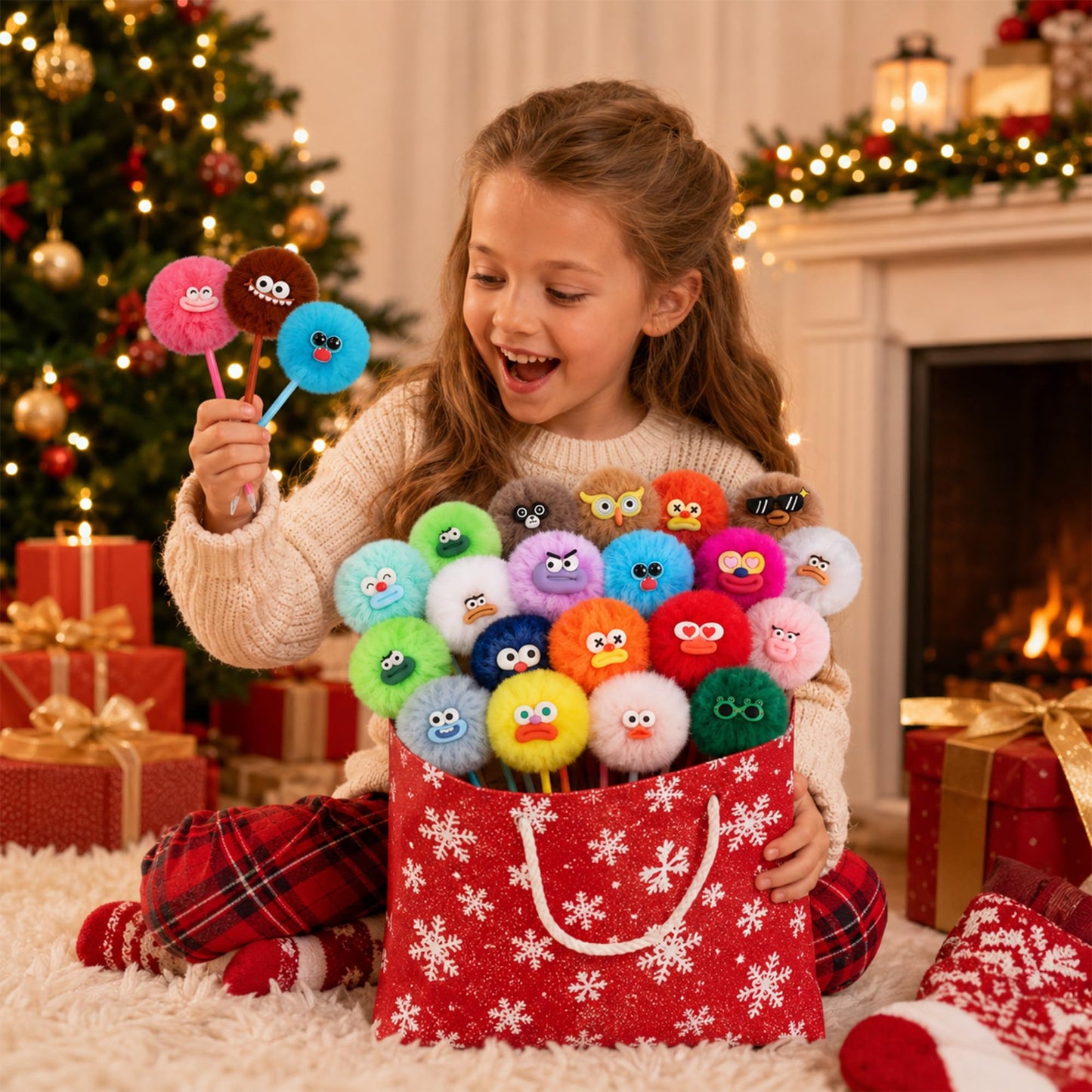 CZWZ 24 Pack Pom Pom Pens Fluffy Cute Pens - Funny Emoji Face Kawaii Plush Novelty Gel Ink Pens