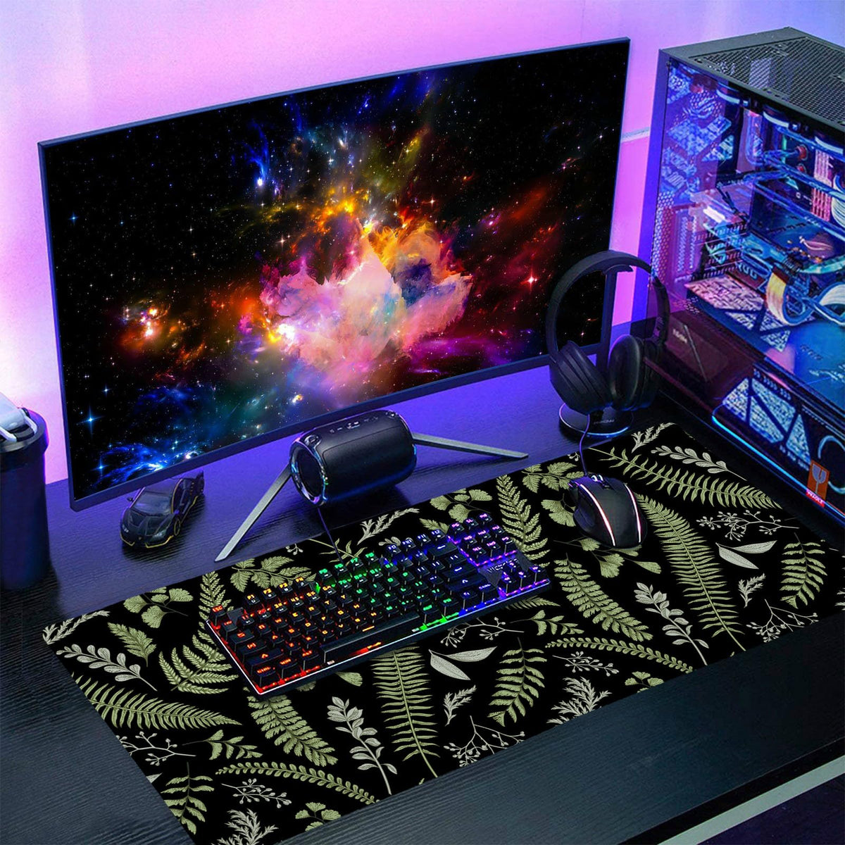 Black Green Plant Flowers Mouse Pad XXL Tropical Fern Botanical Leaves Extended Desk Mat 90X40cm