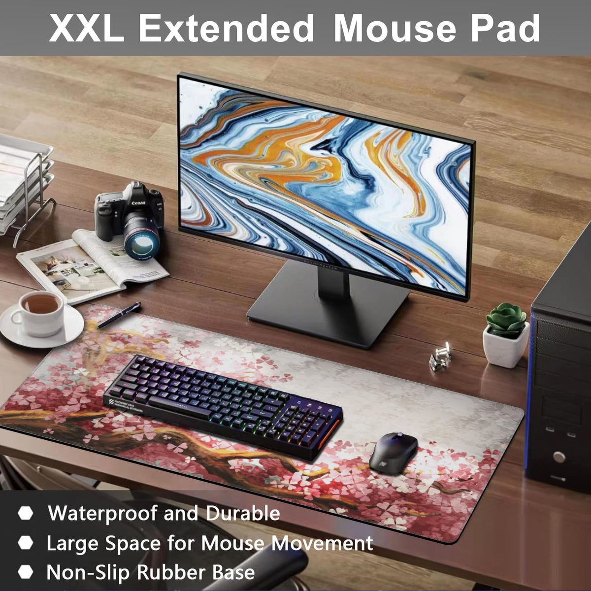 Mouse Pad, Large Blooming Sakura Desk Mat, Extended Non-Slip Gaming Keyboard Mousepad Desk Pad