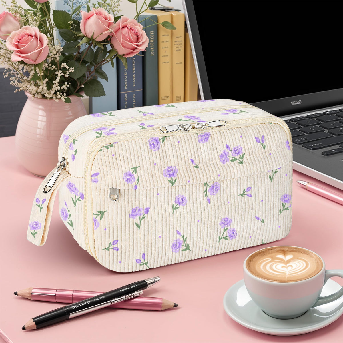 WOBAGMEN Cute Pencil Case,Large Corduroy Zippered Pencil Case Pouch, aesthetic Pencil Bag with