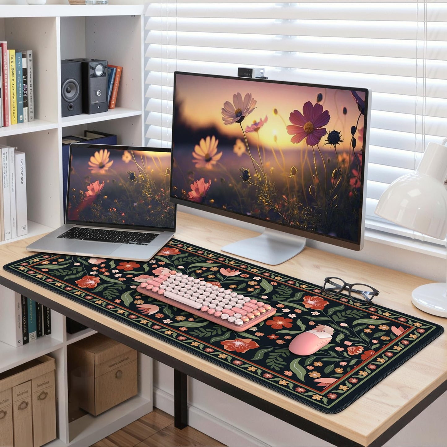 iLeadon Cute Desk Cover Mat, Large Floral Desk Pad for Keyboard and Mouse