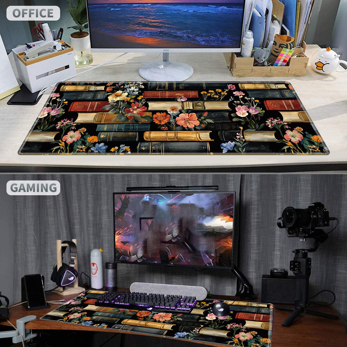 Large Gaming Mouse Pad Plus a Coasters + Cable Clips, Library Flowers Extended Mousepad (31.5 x