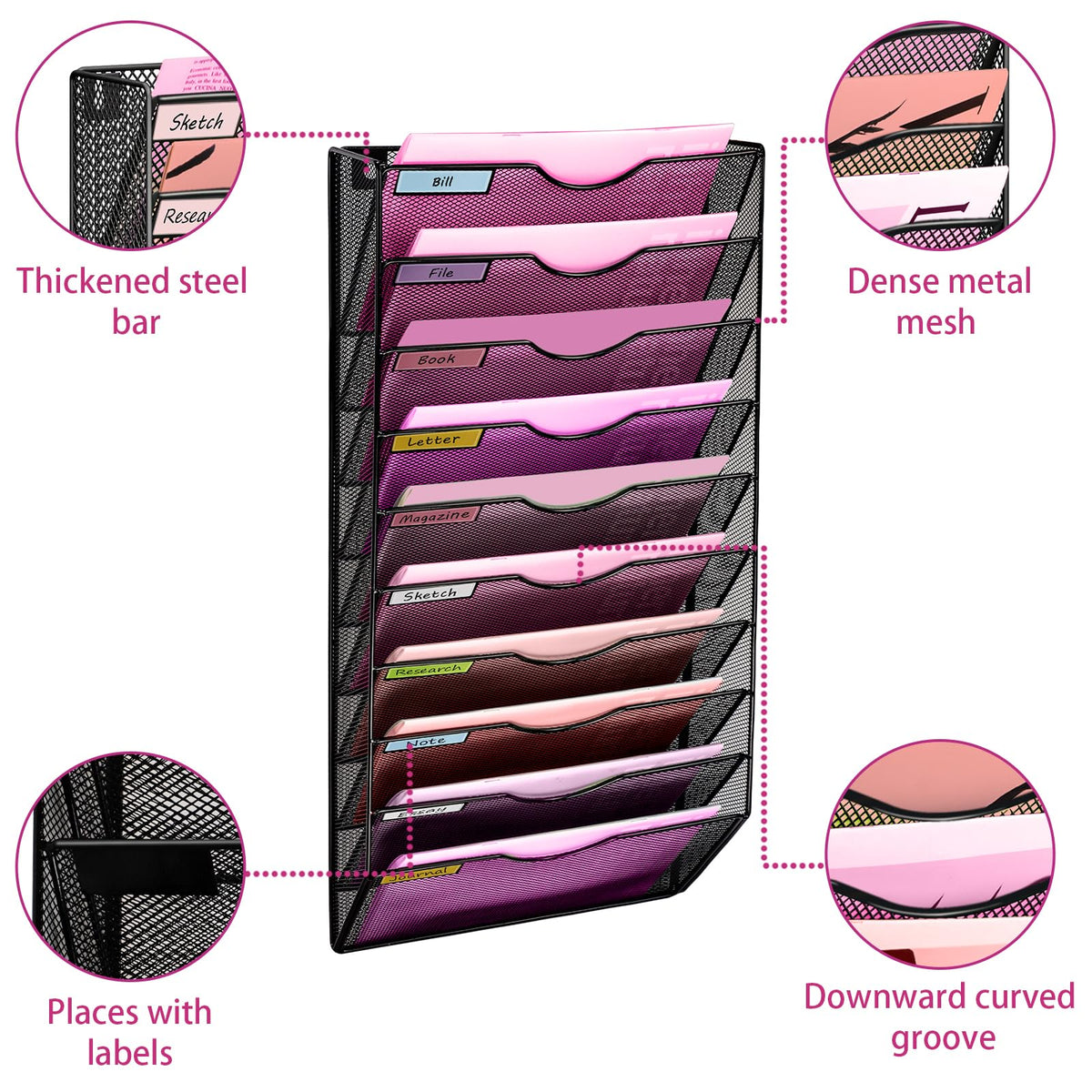 ideallife Wall Mounted File Organiser A7 Mesh in Hanging Wall File Holder Mail Organiser