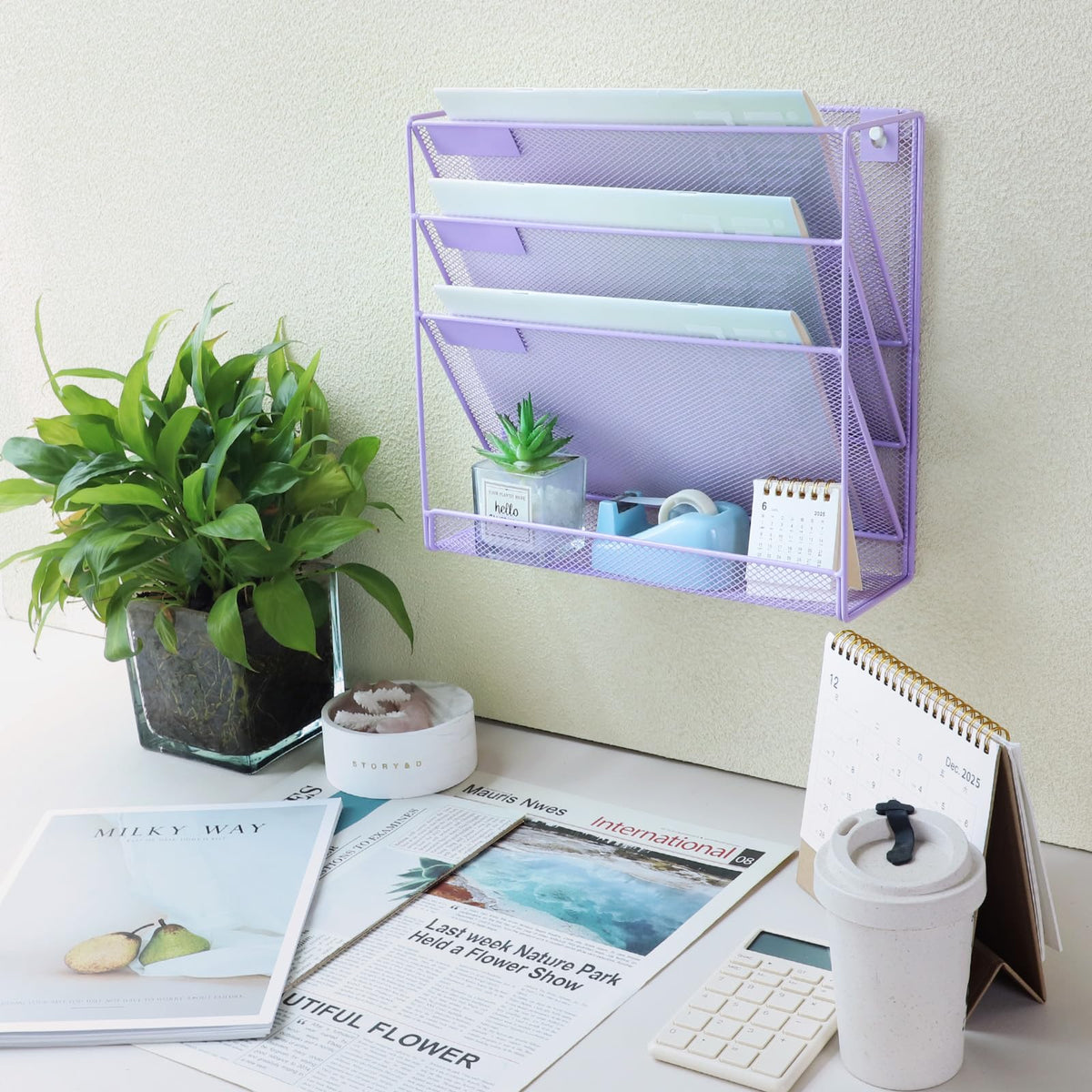 ideallife 3 Pockets Mesh Wall File Holder Organizer with Bottom Flat Tray, Office Hanging File