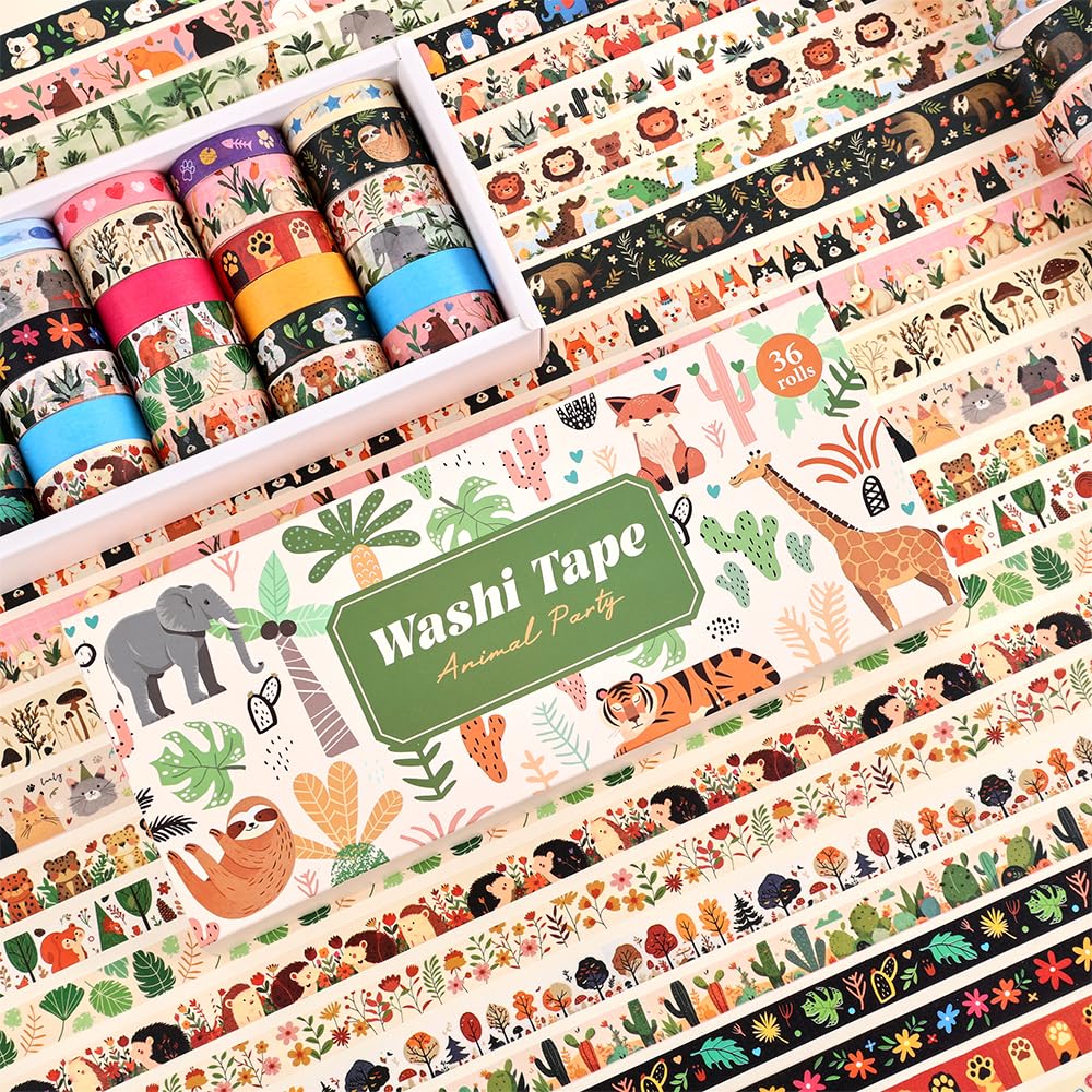 icceemee 36 Rolls Animal Theme Washi Tape Set, Colorful Cute Adorable Animals Writable Decorative