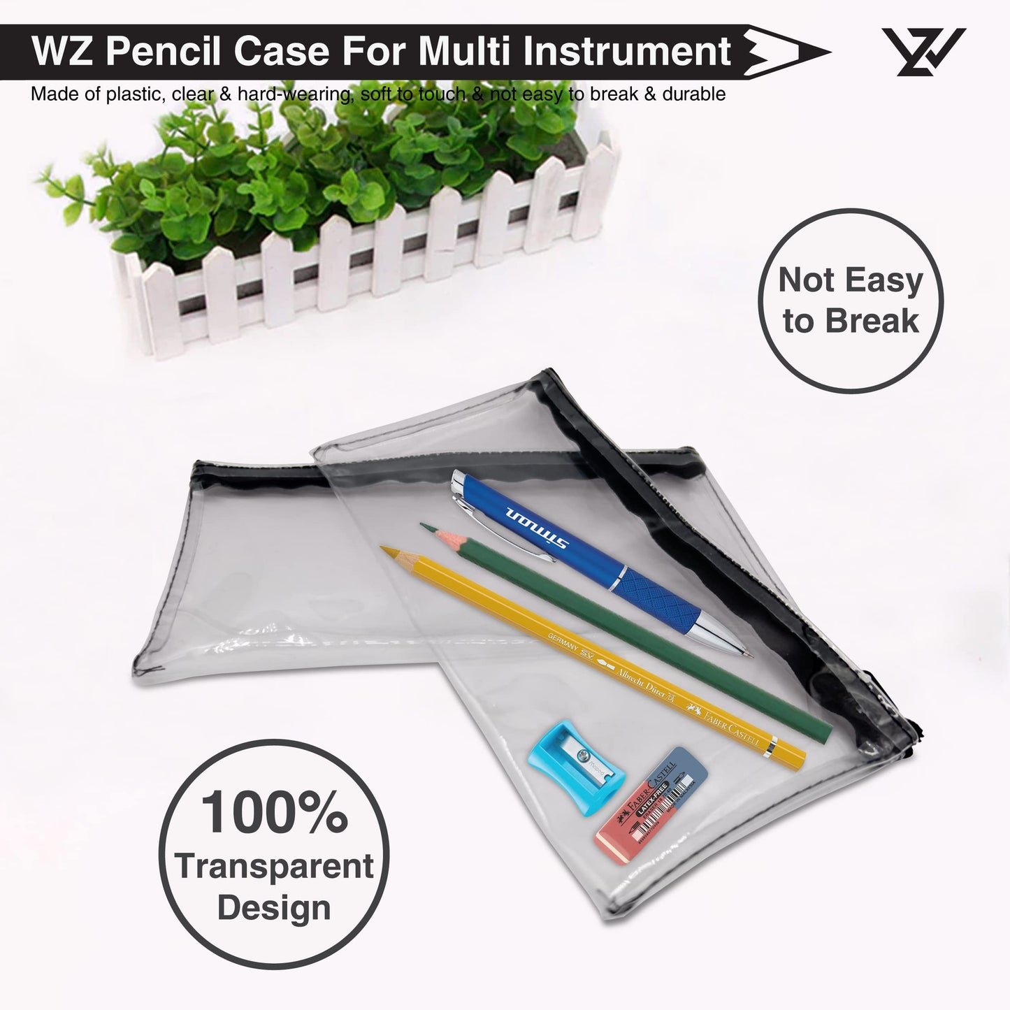 WZ Transparent PVC Pencil Cases - Clear Pencil Case with Zipper - For Girls & Boys (Pack of 2)