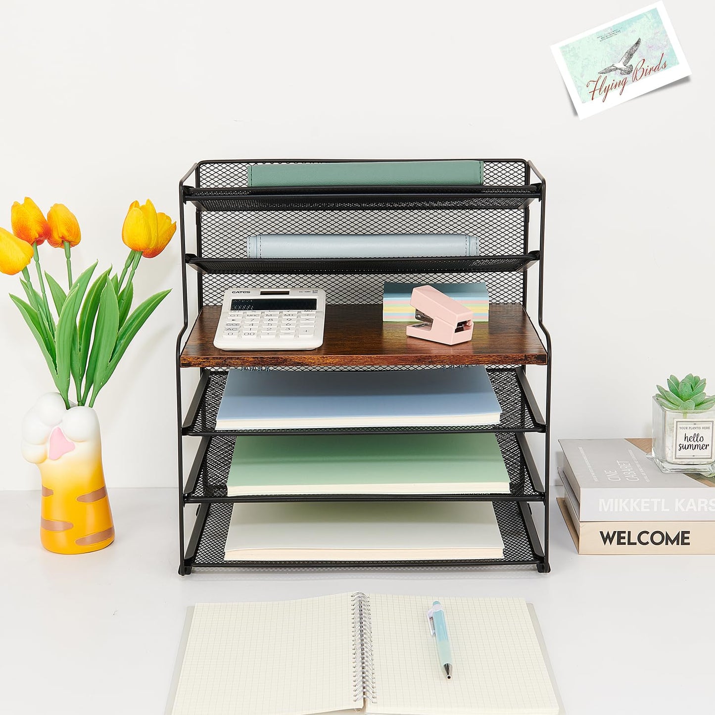 OPNICE Desk Organizer, 6-Tier Paper Organizer Letter Tray, Brown Wood