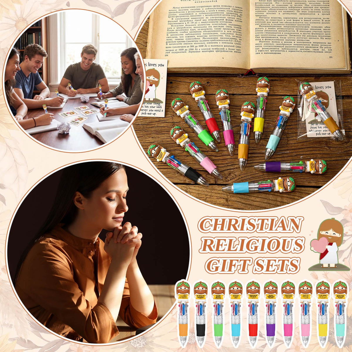 Sayglossy 50 Sets Jesus Love You Pen Bulk, 4-in-1 Little Jesus Figure Gift