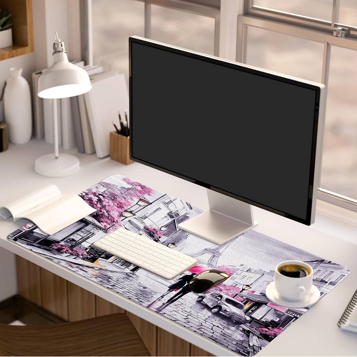 Lokigo Paris Eiffel Tower Desk Pad,Mouse Pad,Romantic Vintage Gray Pink Large Desk Mat for Girls
