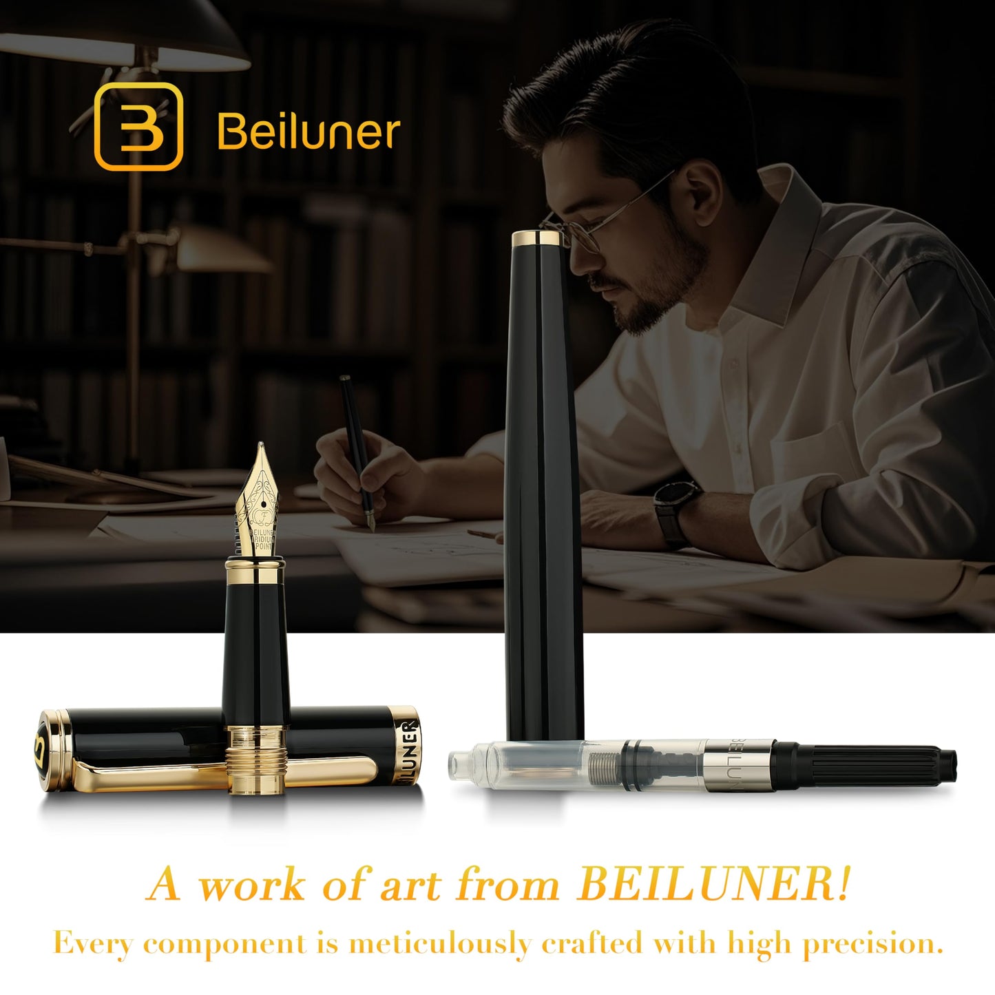BEILUNER Black Fountain Pen,Stunning Luxury Pens with 24K Gold Accents, Gorgeous 24K Gilded