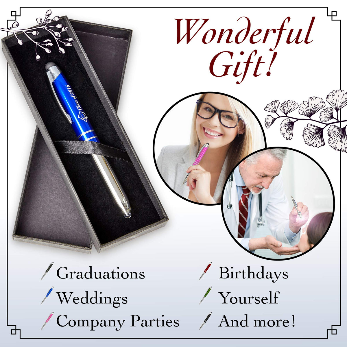 Personalized Pen, 3-in-1 Ballpoint Pen, Touch Screen Pen Stylus, & Flashlight- Customized for Men