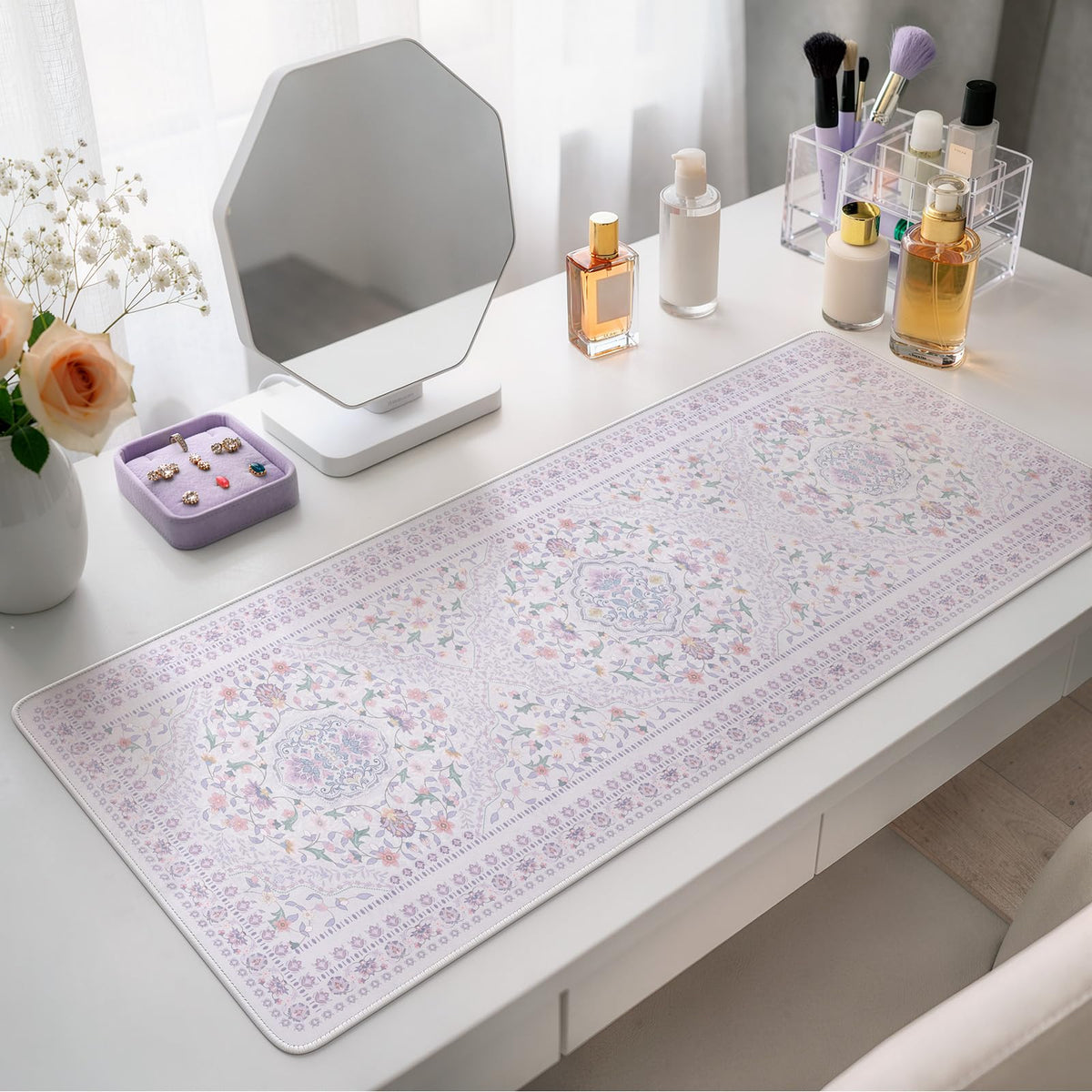 HAOCOO Purple Floral Keyboard Pad, 31.5" x 11.8" Desk Mat for Home Study