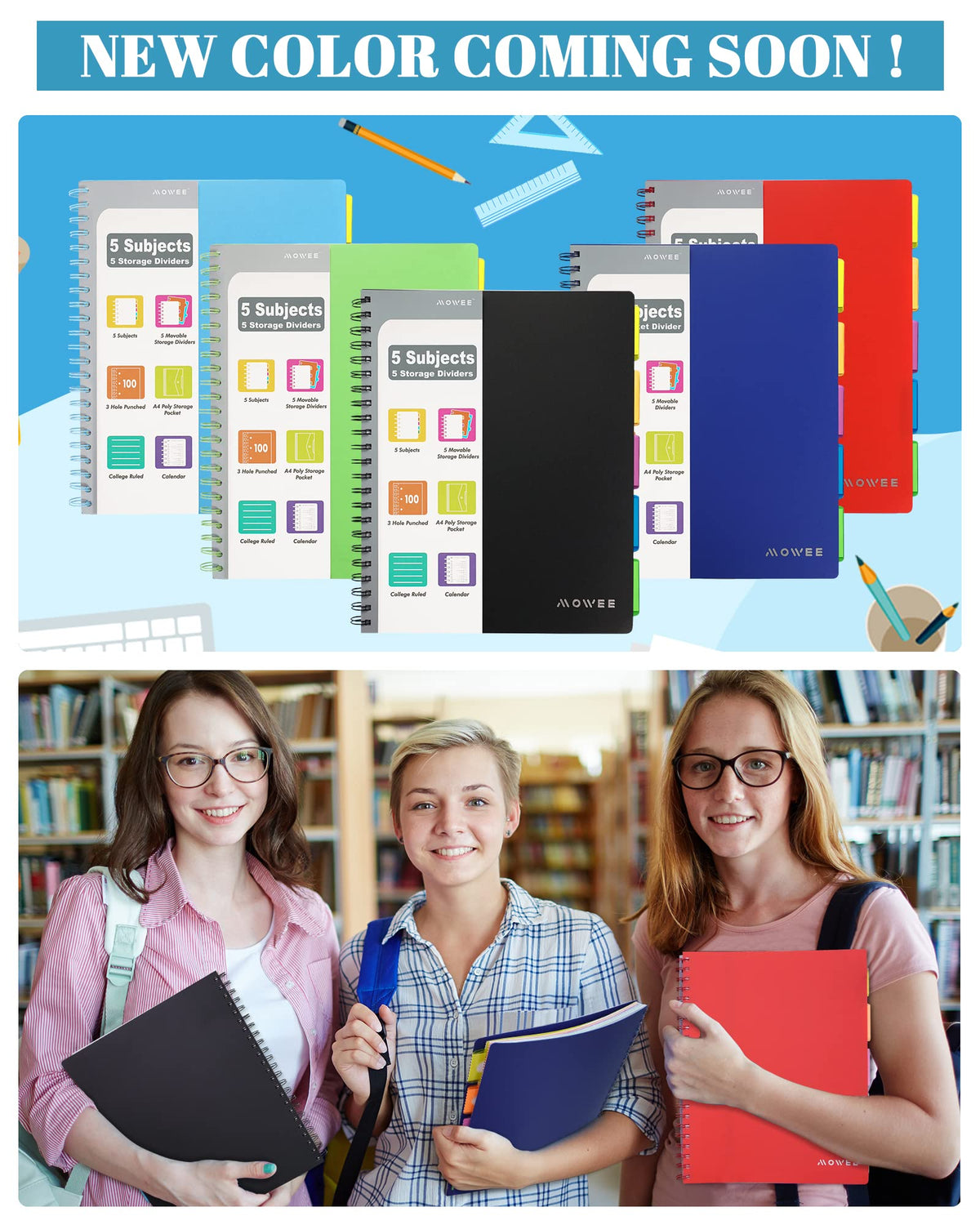 MOWEE 5 Subject Notebook, 2 Pack College Ruled Notebook with Storage Divider Pockets, Index Tabs