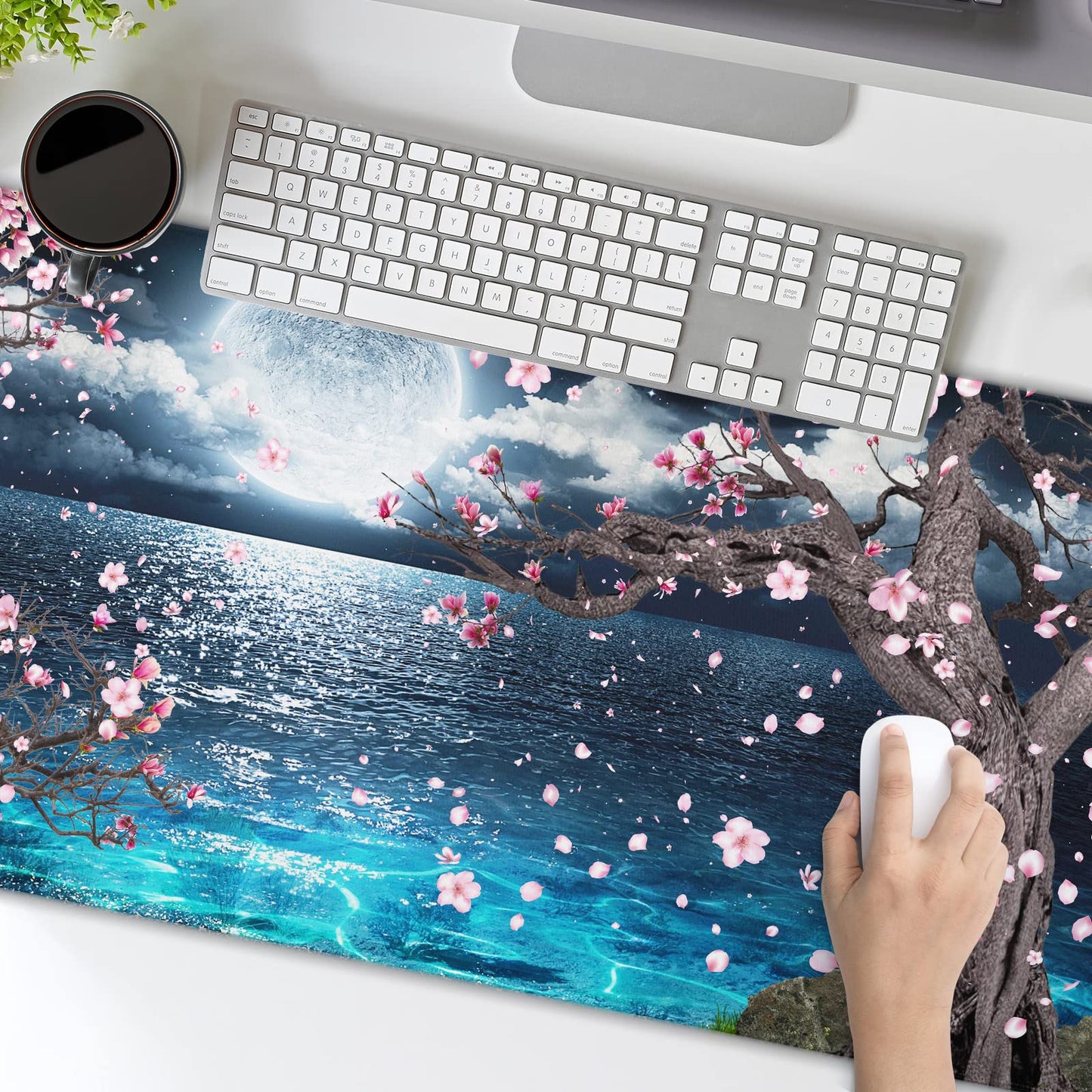 Pink Cherry Blossom Gaming Mouse Pad XL Sakura Tree Blue Ocean Moon Night Extended Big Large Desk