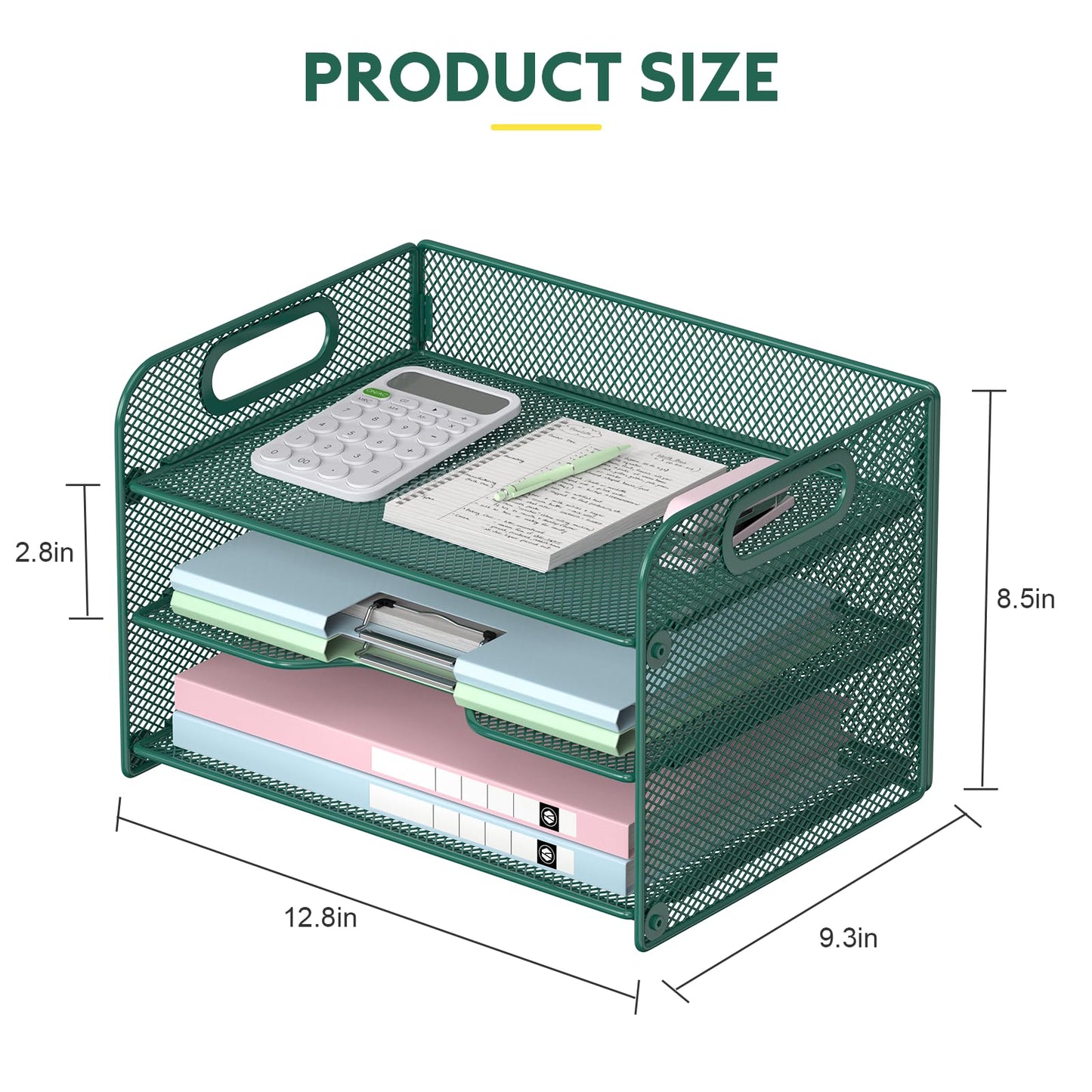 Samstar 3 Tier Green Letter Tray Paper Organizer with Handle, Mesh Desk Organizer Paper Sorter File