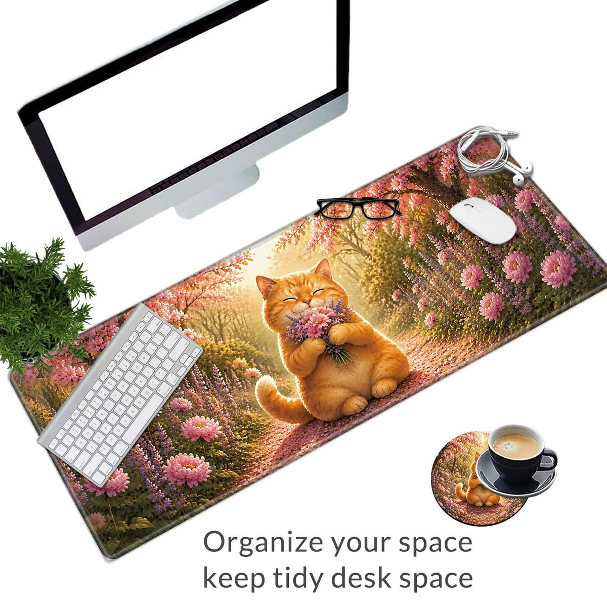 Garden Flower Cat Large Mouse Pad, 31.5 x 11.8 in Extended Desk Mat
