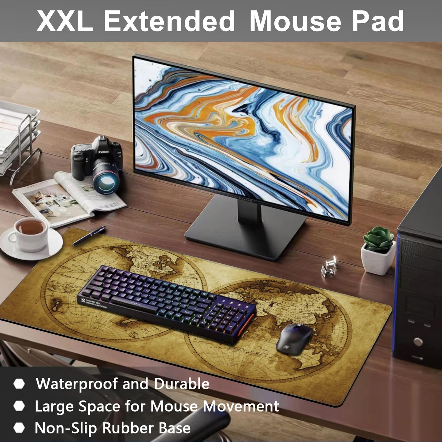 Mouse Pad, Large Antique World Map Desk Mat, Extended Non-Slip Gaming Keyboard Mousepad Desk Pad