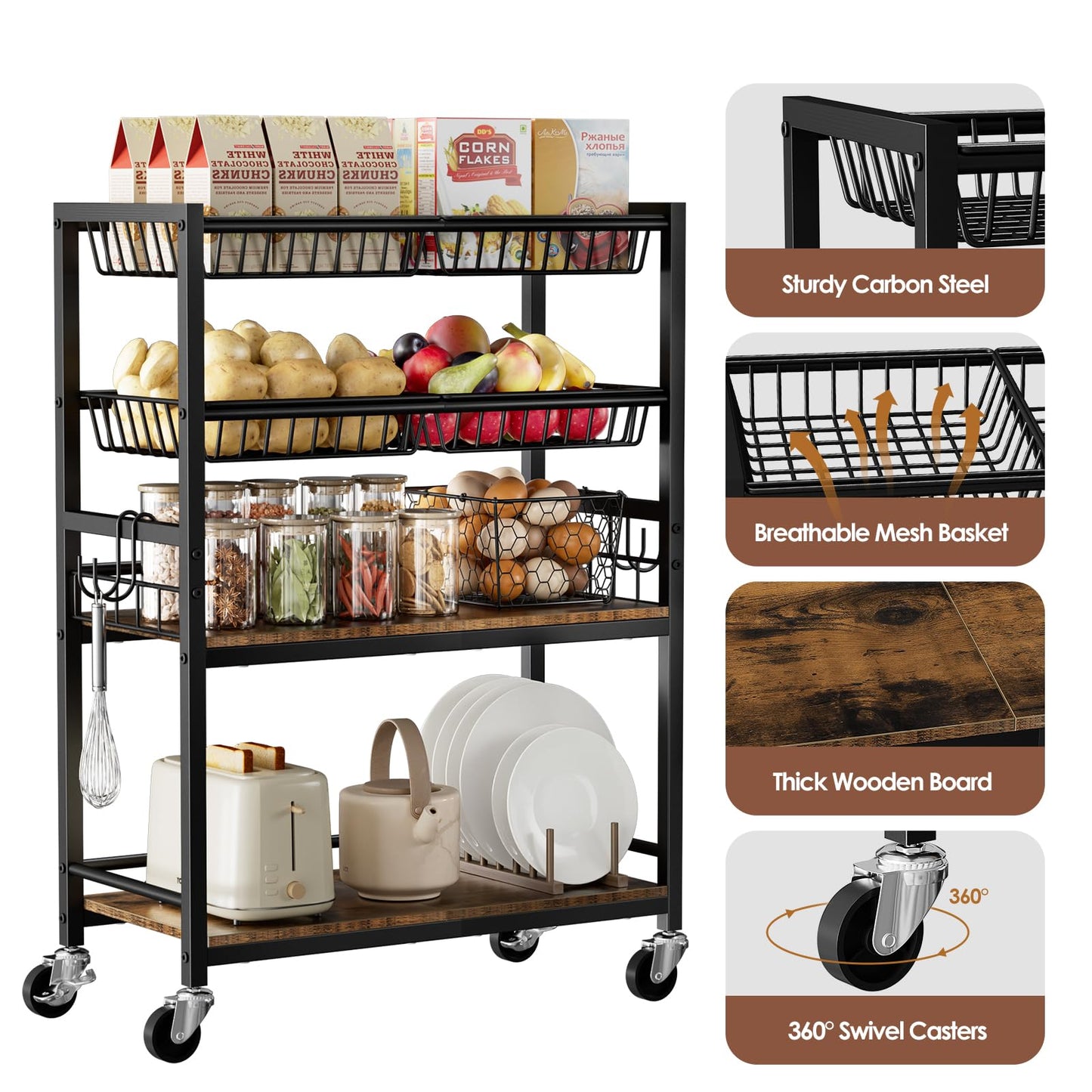 Kssiaz Fruit Vegetable Storage Cart, 4 Detachable Basket