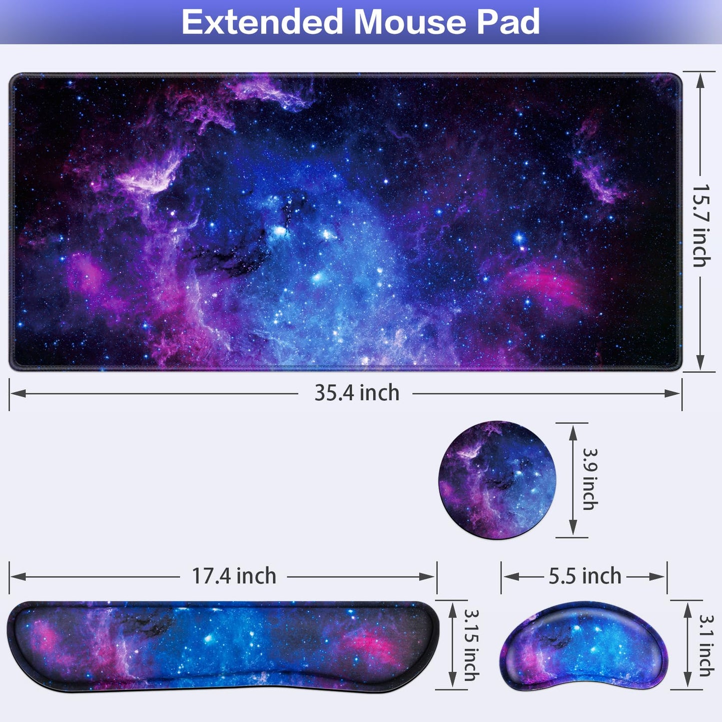 Mouse Pad Galaxy with Wrist Rest, 4-in-1 Large Mousepad Keyboard