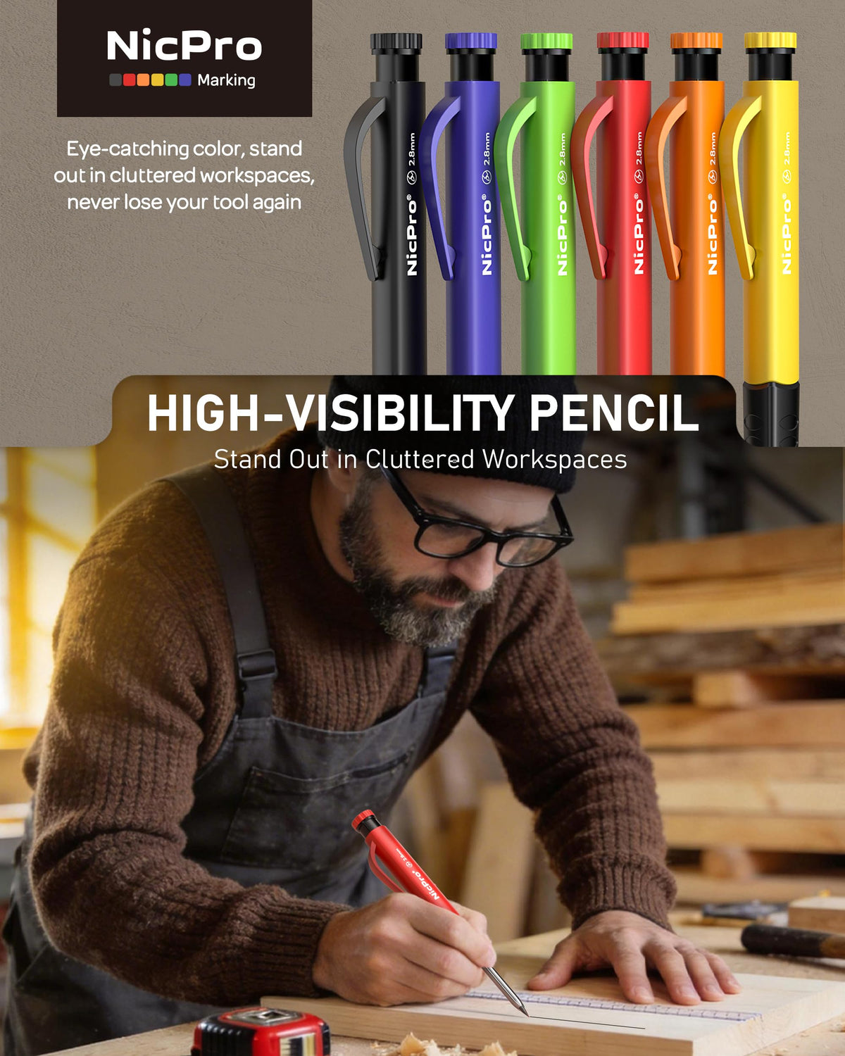 Nicpro 6 Pack Upgraded 3-IN-1 Carpenter Pencil Set with Finger Grip, Construction Pencils with 54