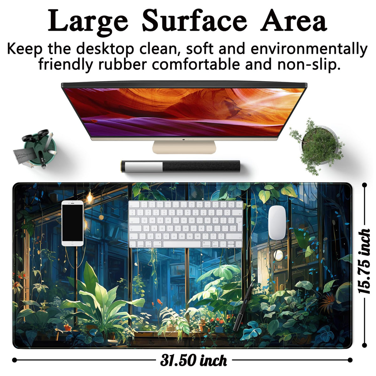 Plant Desk Mat Green Big Mouse Pad Large Gaming Mousepad Extended Keyboard Pad City View Aesthetic