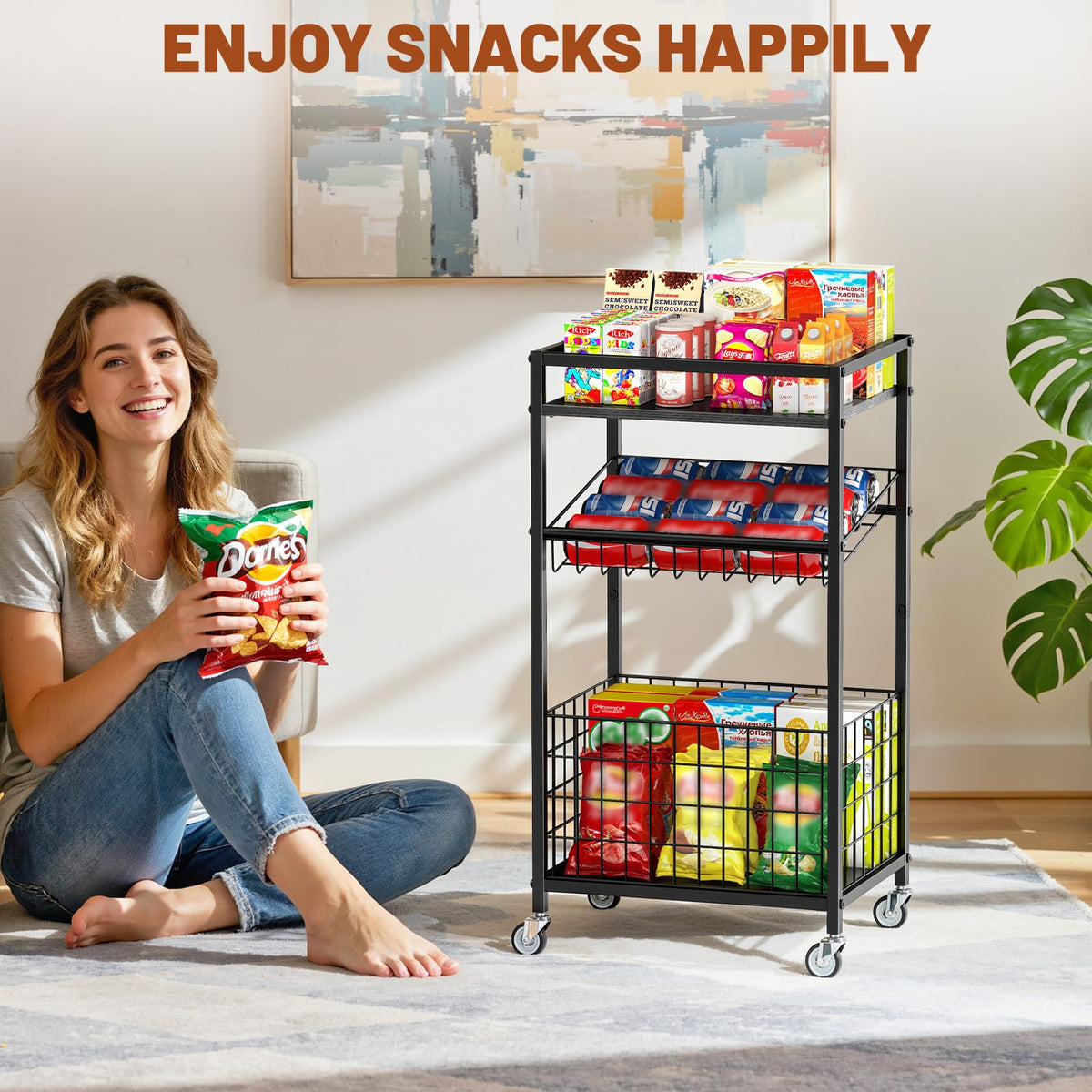 Kssiaz Fruit Vegetable Cart, 3-Tier Snack Cart on Wheels & Wood Top, Black