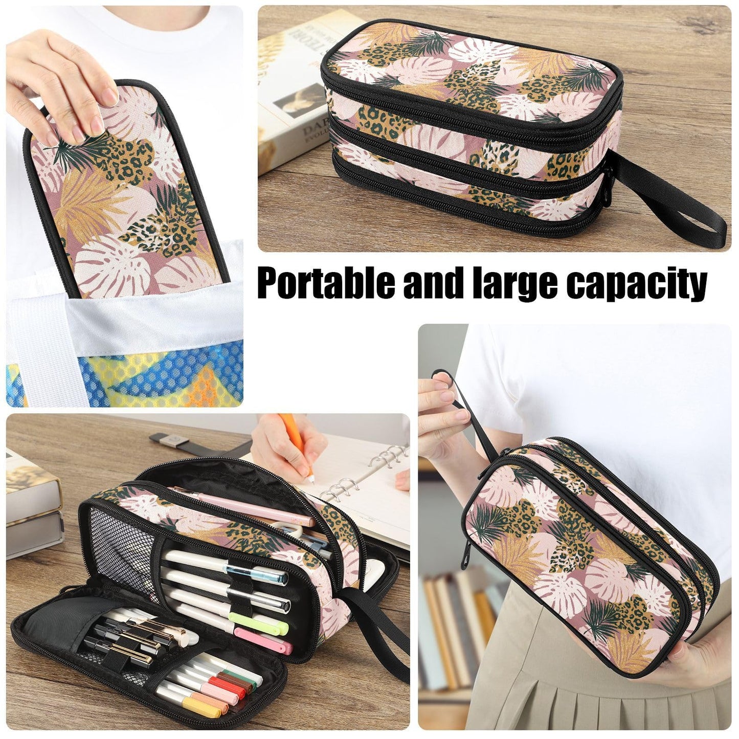 Fustylead Exotic Plants Nylon Pencil Bag Large Storage Pouch Pen Case Makeup Bag Simple Stationery