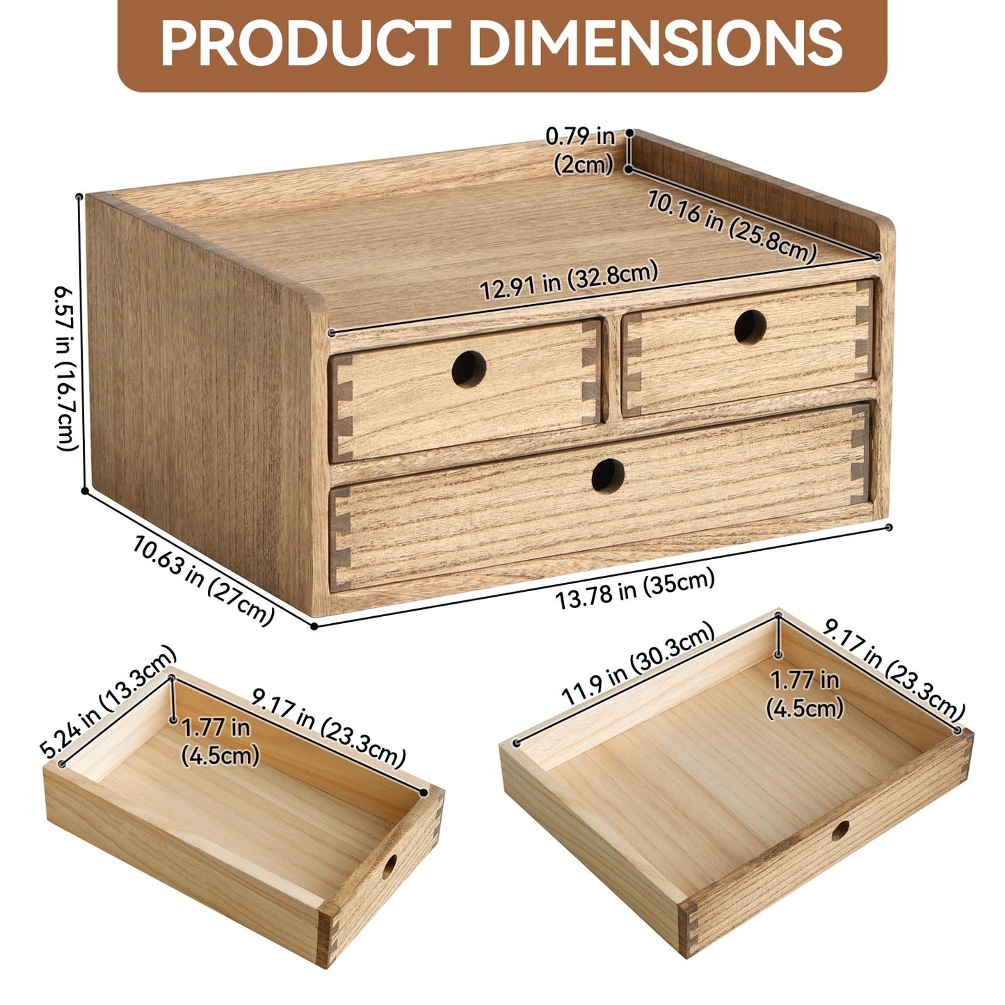KIRIGEN Wooden Desk Organizer with 3 Drawers and Top Shelf Brown DT2D3C-DBR