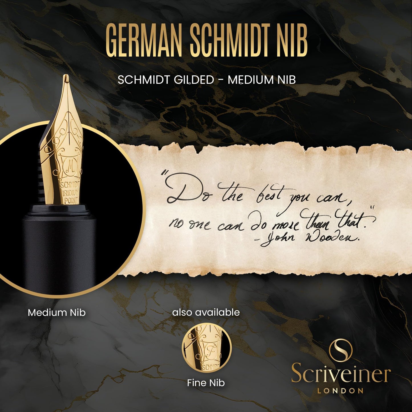 Scriveiner Luxury EDC Fountain Pen (Medium), Stunning Luxury Black Pocket Pen, Real Gold Plating