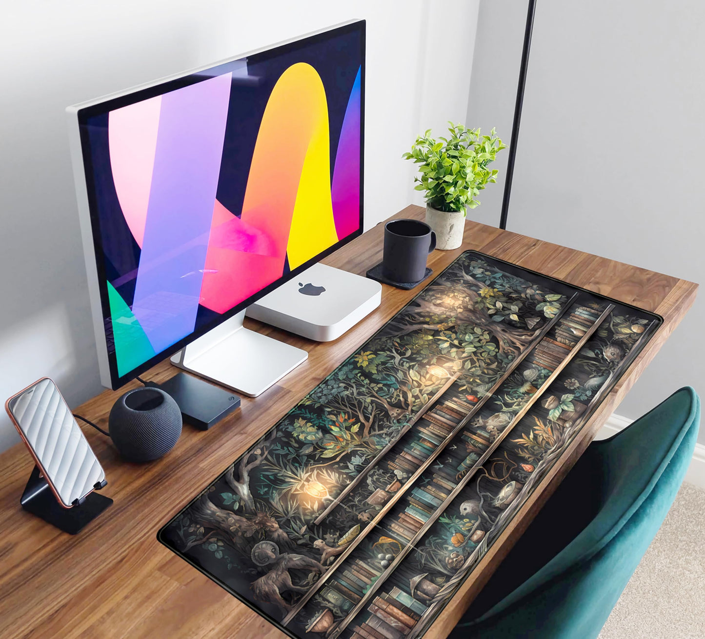 Forest Library Book Mouse Pad Desk Mat, Mystical Green Tree House XXL Extended Large Gaming Desk