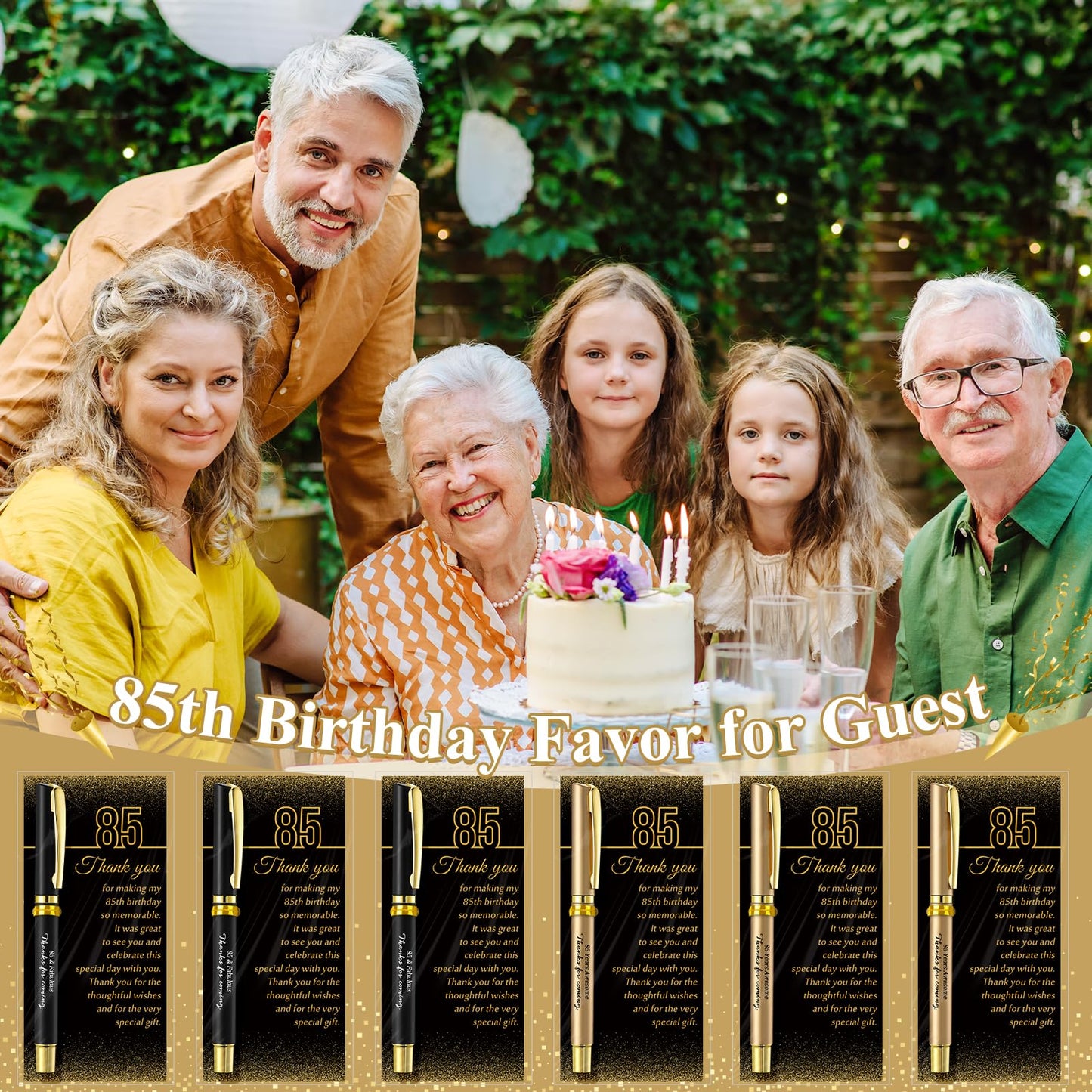 Feifeiya 50 Set 85th Birthday Favors with Black Gold Pens Cards