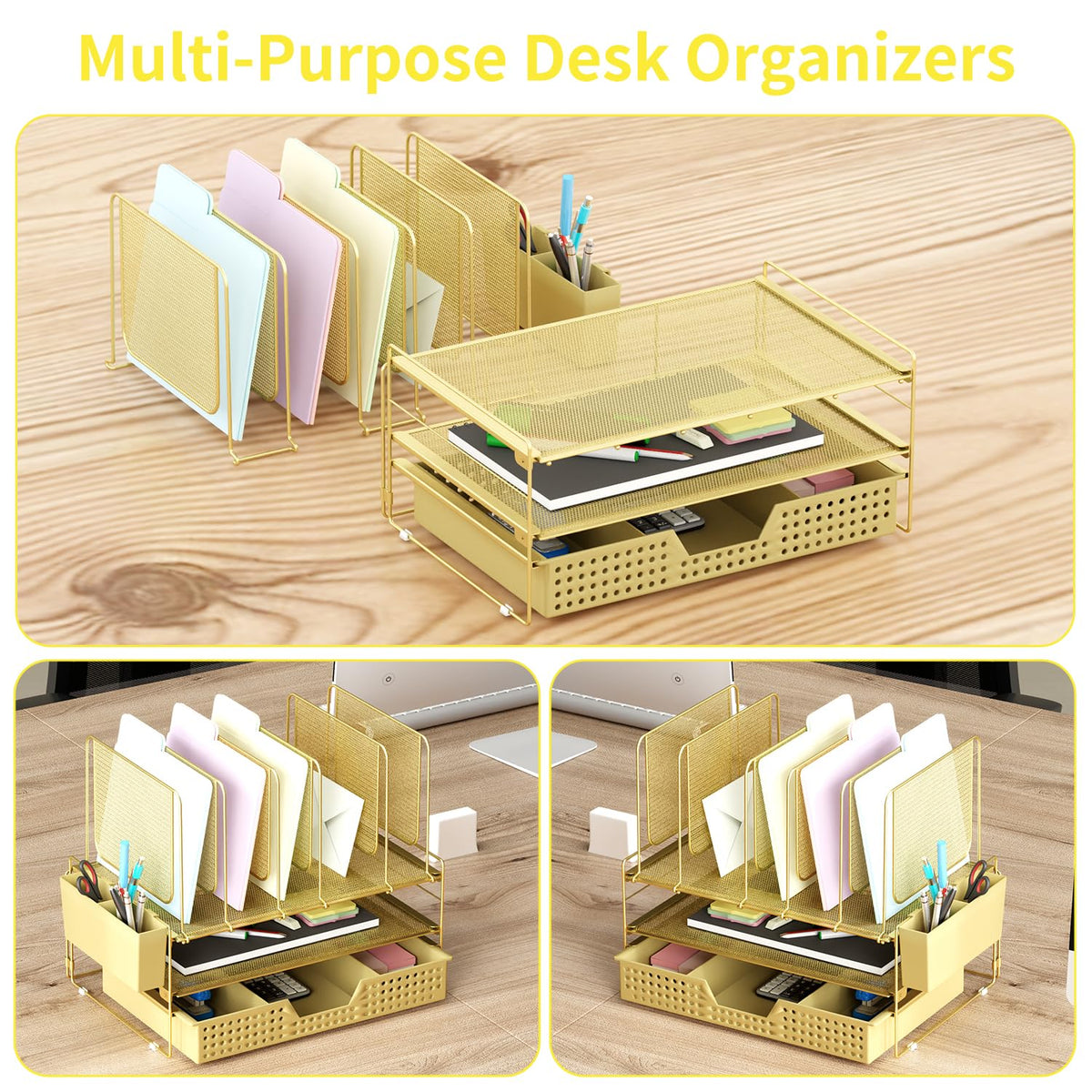 LEKETREE Gold Desk Organizer, Office Organization with Vertical File Holder, File Organizer with