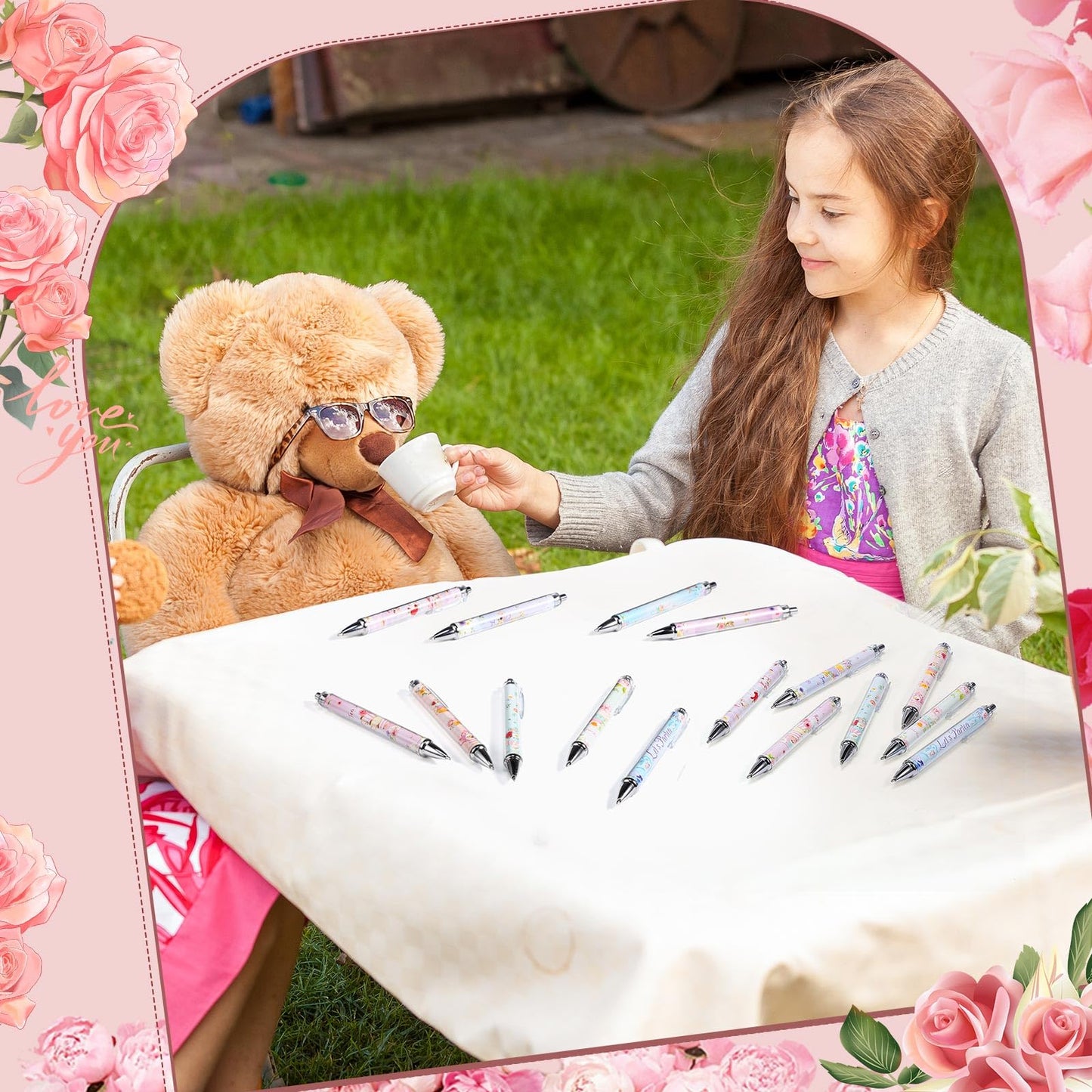 Cholemy 96 Pcs Floral Tea Pens, Retractable Black Ink Ballpoint Set