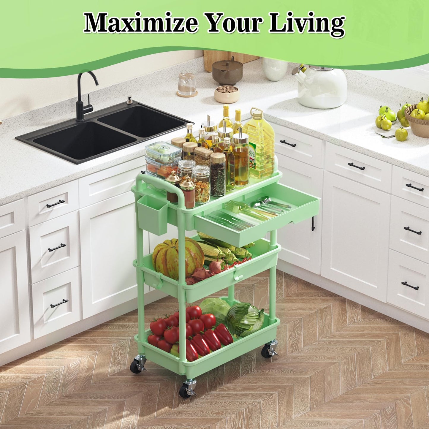 SUNALLY 3 Tier Rolling Cart with Drawer, Craft Storage Cart Organizer,Green