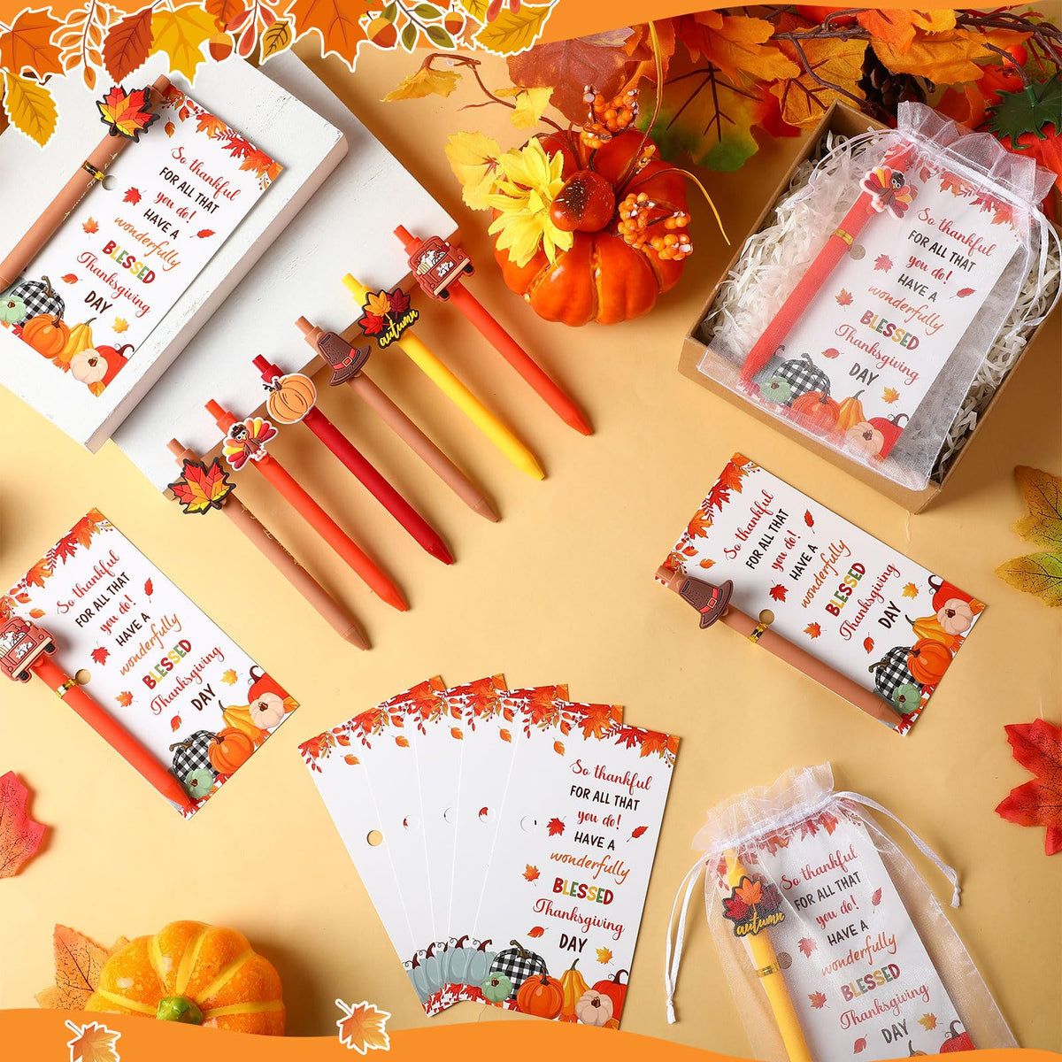Marspark 30 Sets Fall Gifts Bulk Thanksgiving Ballpoint Pens and Cards