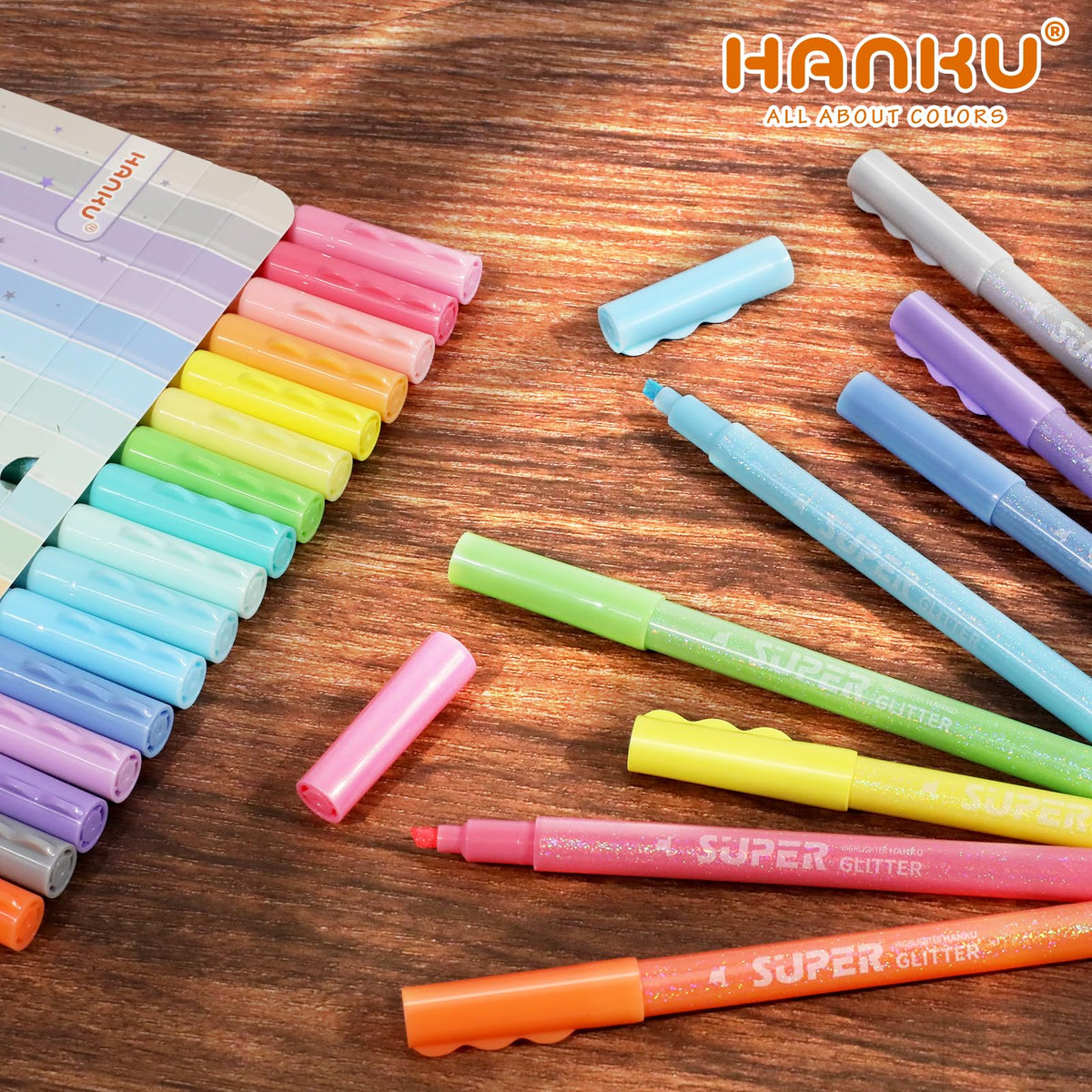 HANKU Glitter Highlighters, 16 Pack, Assorted Chisel Tip Aesthetic Markers