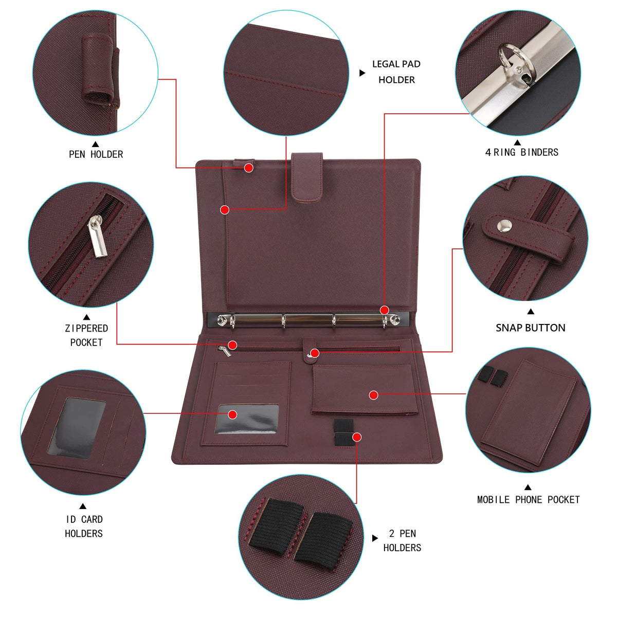 Wonderpool A4 PU Leather 3 & 4 Ring Holder Writing Portfolio Multi Document Case with Removable
