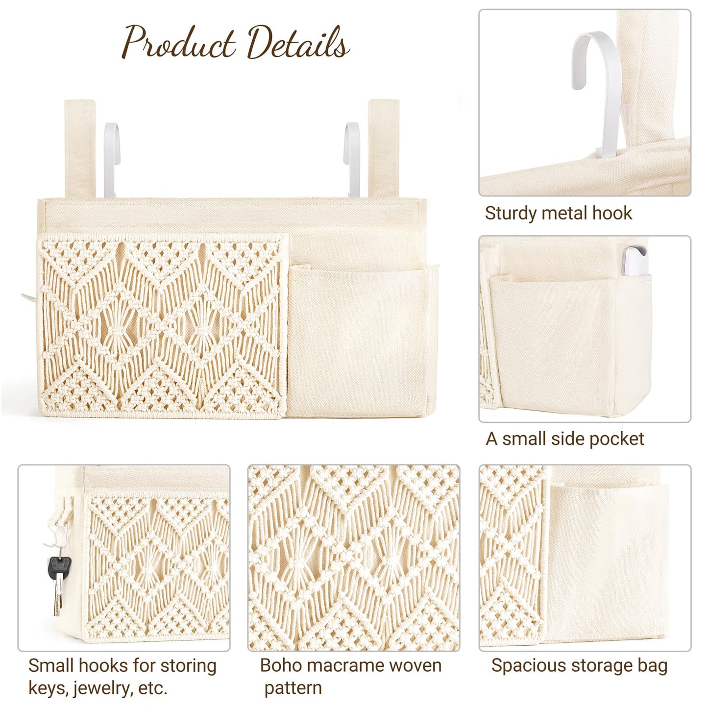Mkono Bedside Caddy, Macrame Hanging Organizer, 4 Pockets Ivory Metal Hooks